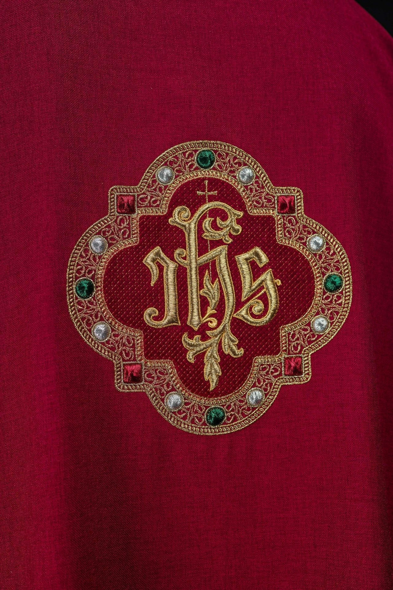 Dalmatic with IHS Symbol and Red Collar S-1073-02-70-D - CHASUBLES.COM