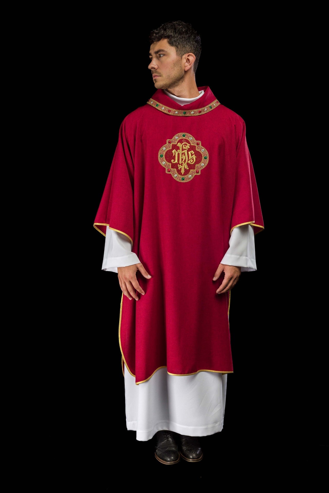 Dalmatic with IHS Symbol and Red Collar S-1073-02-70-D - CHASUBLES.COM