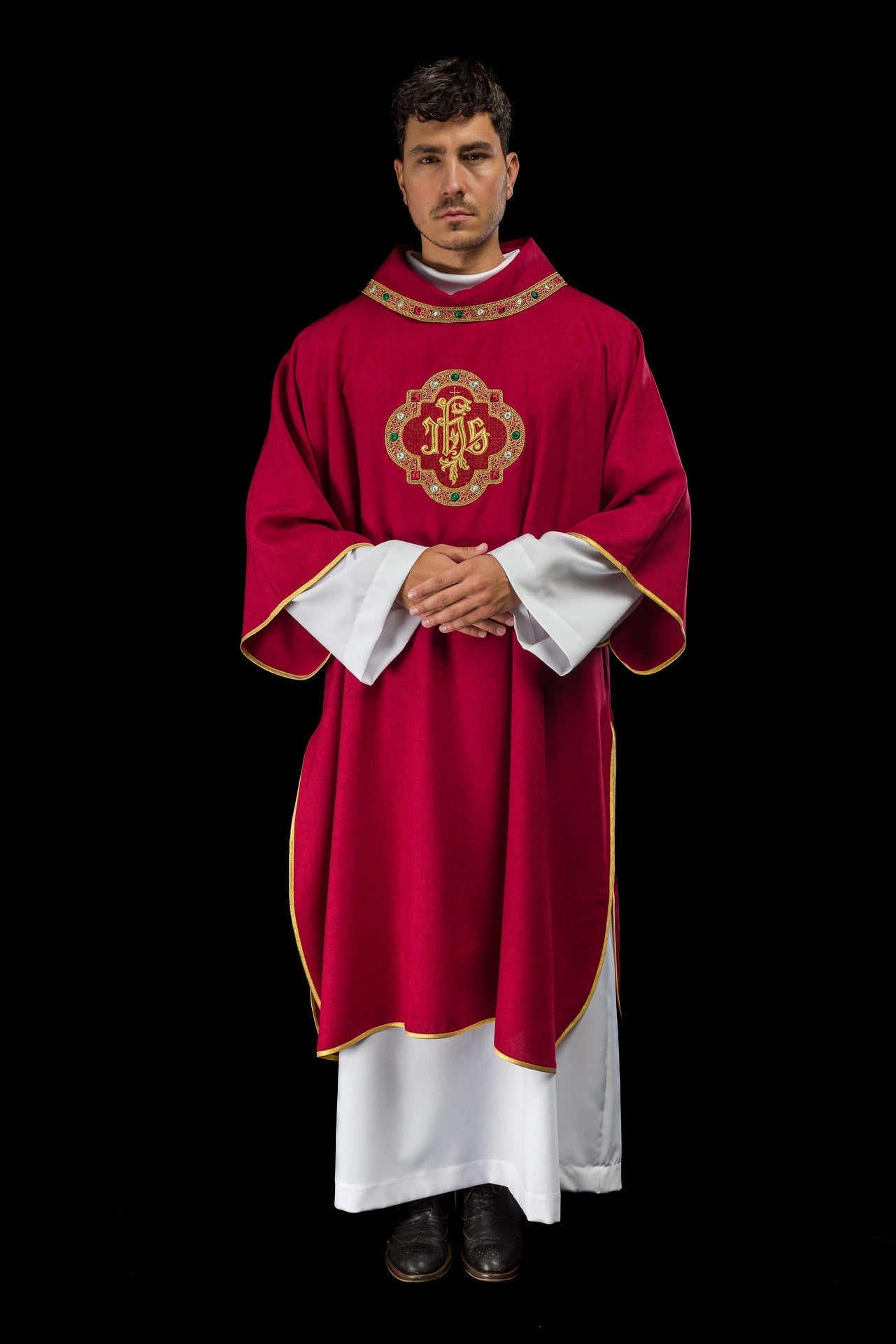 Dalmatic with IHS Symbol and Red Collar S-1073-02-70-D - CHASUBLES.COM