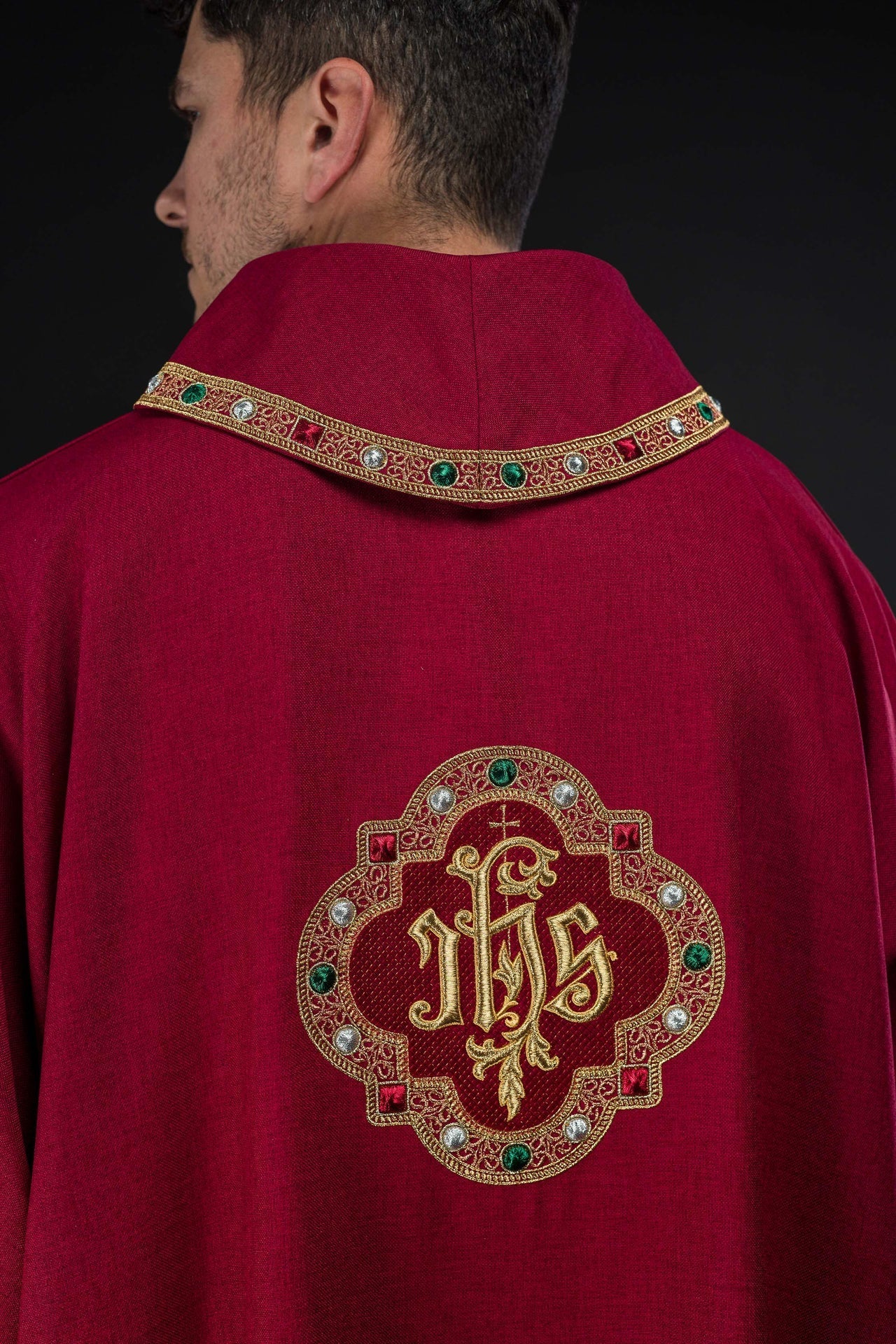 Dalmatic with IHS Symbol and Red Collar S-1073-02-70-D - CHASUBLES.COM
