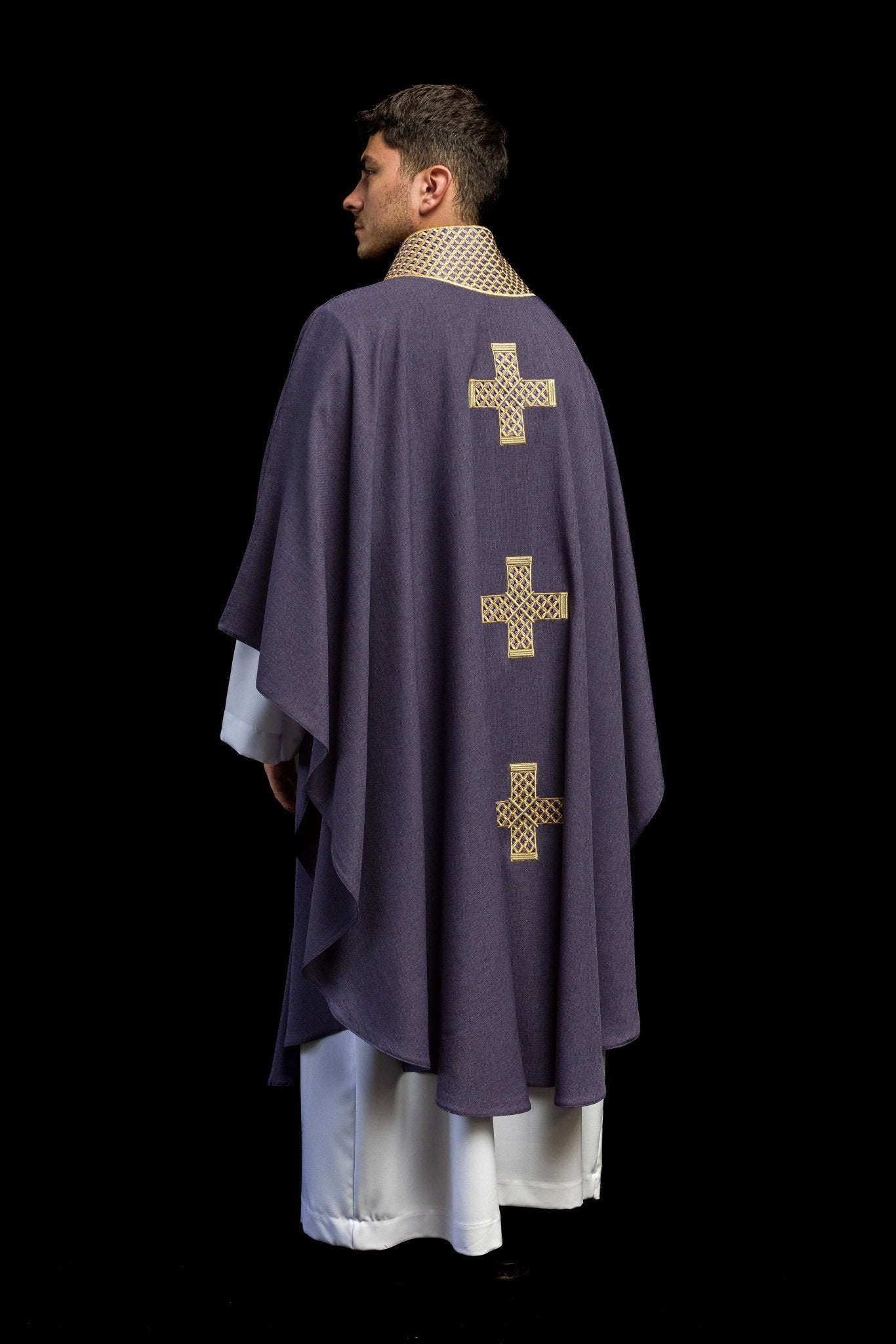 Dark purple chasuble with embroidered crosses S-7070-03-70 - CHASUBLES.COM
