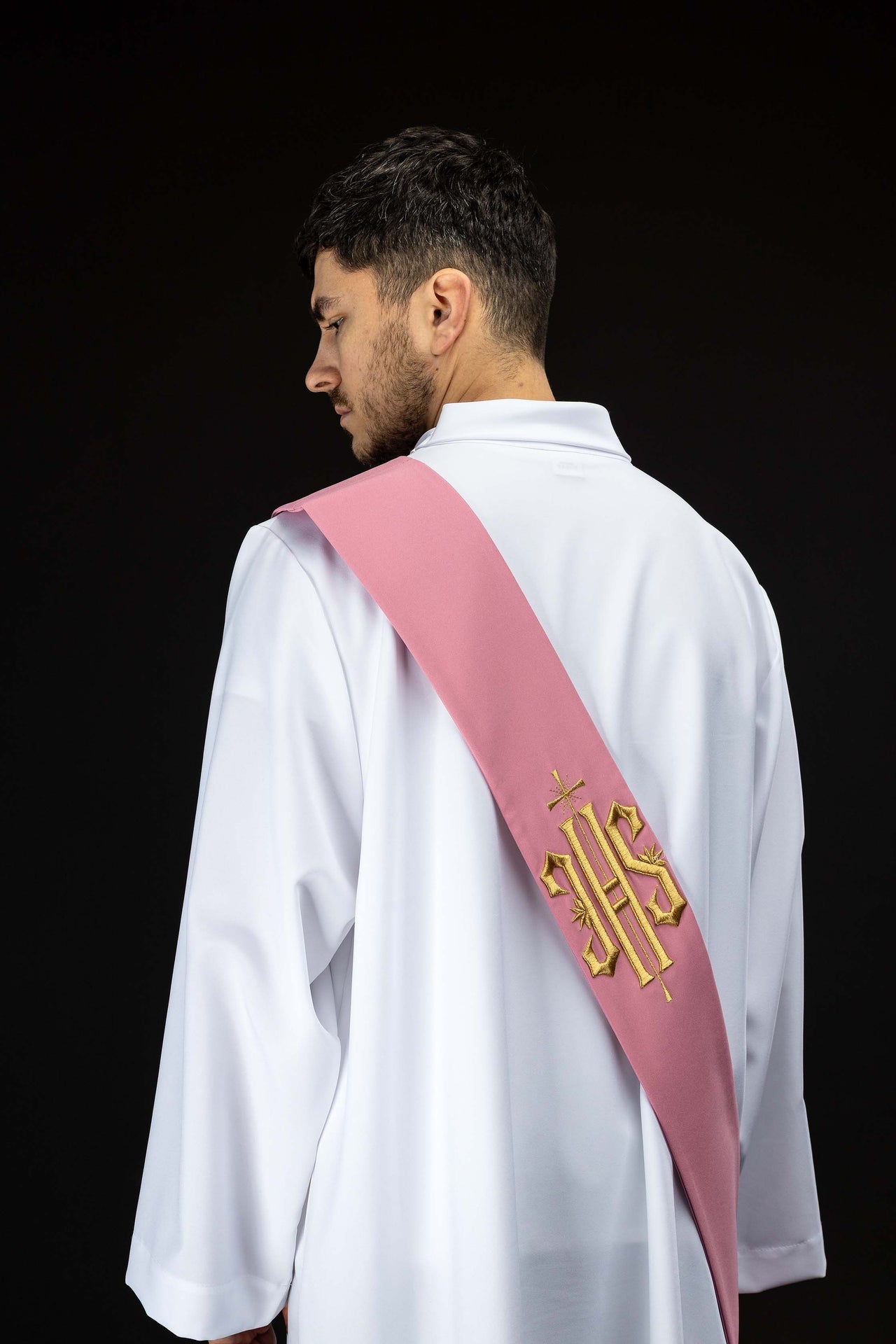 Deacon stole embroidered with IHS and Cross in pink KSD/135/08/01 RÓŻ - CHASUBLES.COM