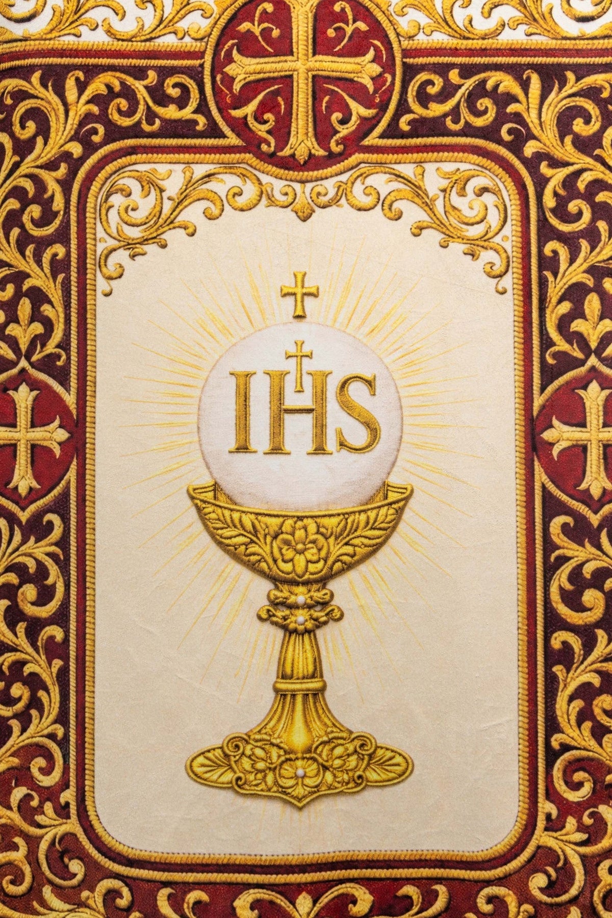 Double-Sided Printed Liturgical Banner with the Sacred Heart of Jesus and IHS Chalice CHD/002/09-05/109 80*130 - CHASUBLES.COM