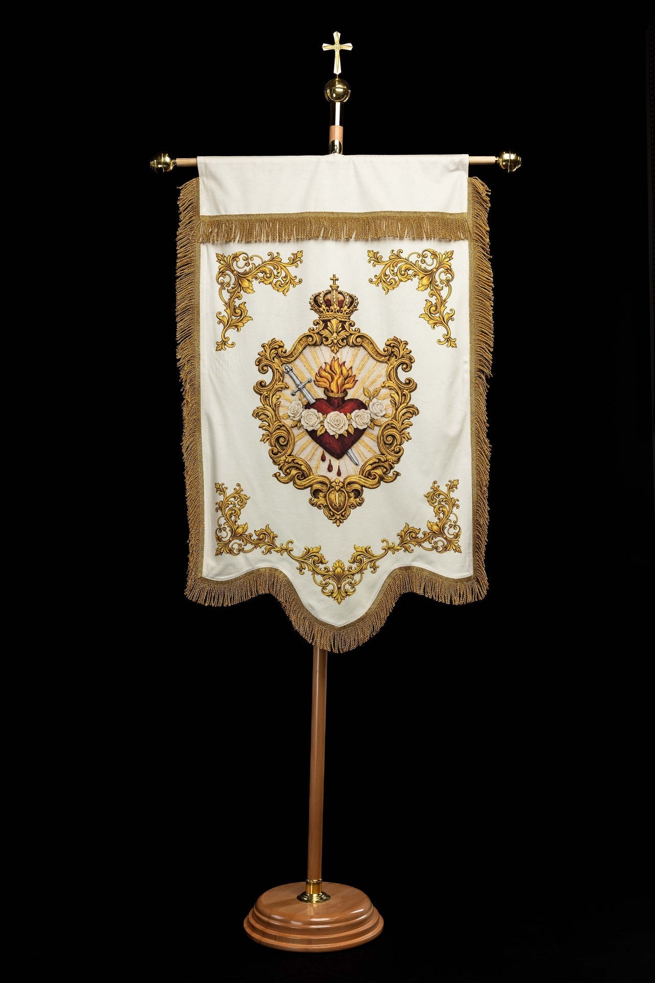 Double-Sided Printed Marian Liturgical Banner with Heart Symbol and Marian Monogram CHD/003/05/109 80*130 - CHASUBLES.COM