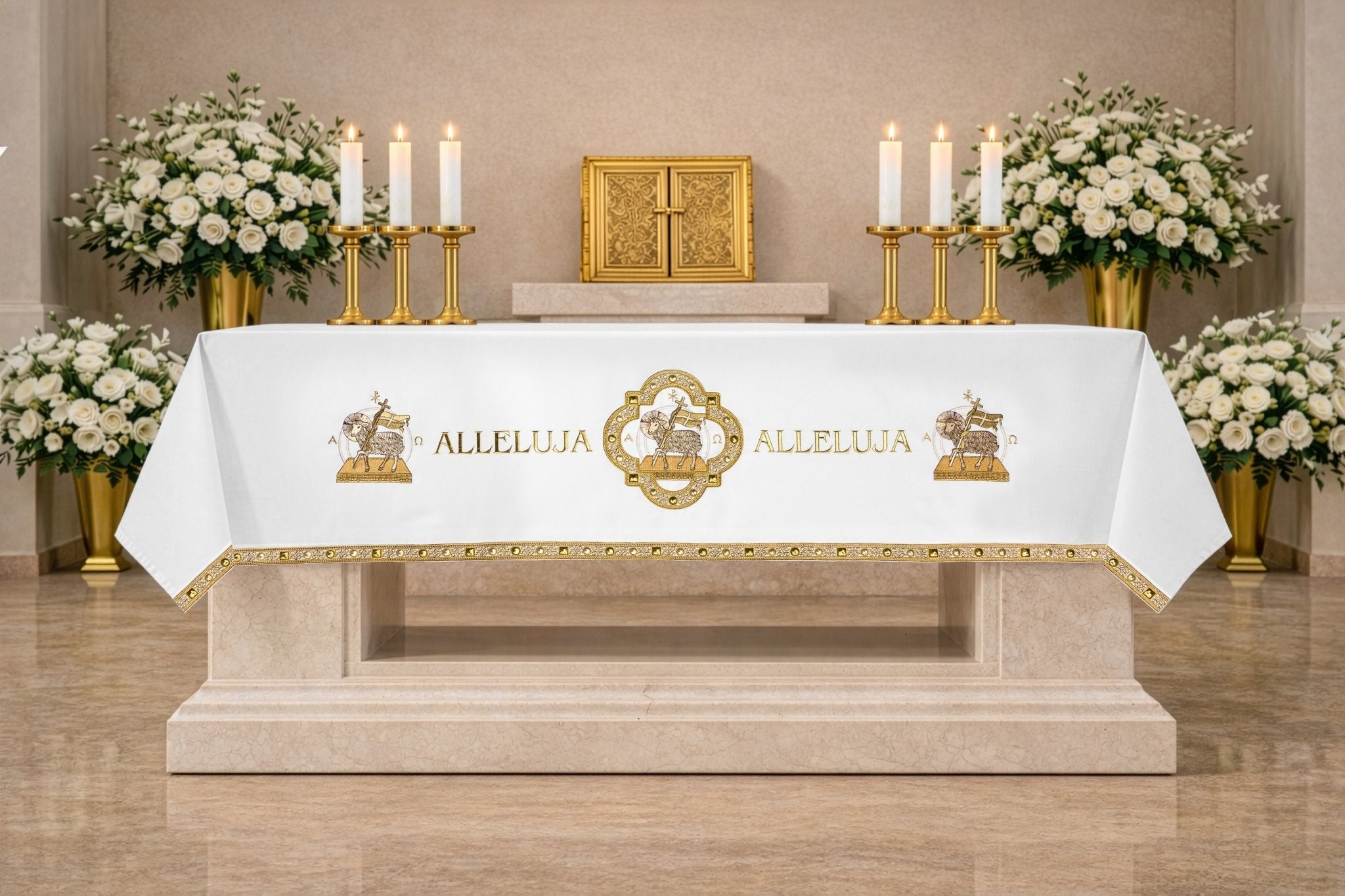 Easter altar cloth with embroidered Lamb S-8872-04 150*300 - CHASUBLES.COM