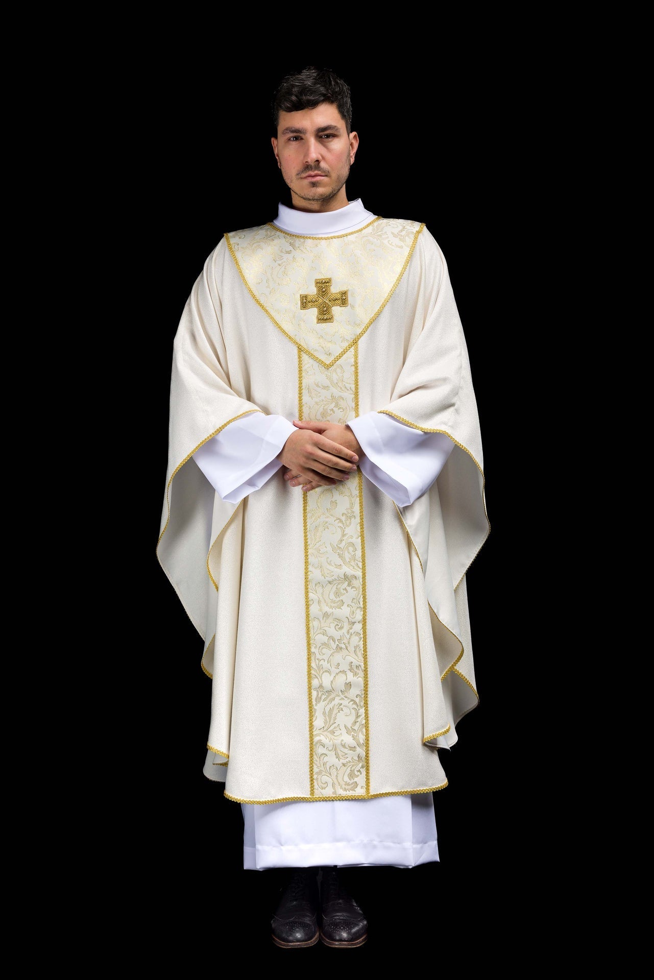 Ecru Chasuble with Cross Adorned with Jacquard Fabric LE/7075/05 - CHASUBLES.COM