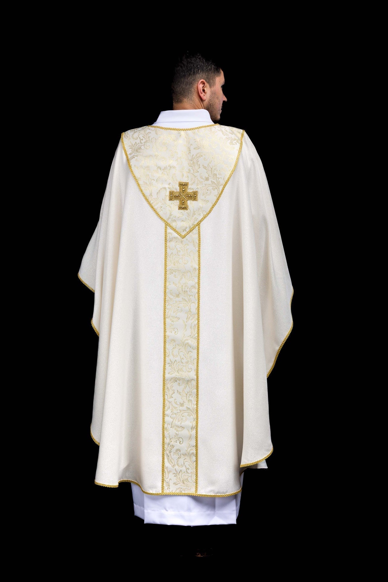Ecru Chasuble with Cross Adorned with Jacquard Fabric LE/7075/05 - CHASUBLES.COM