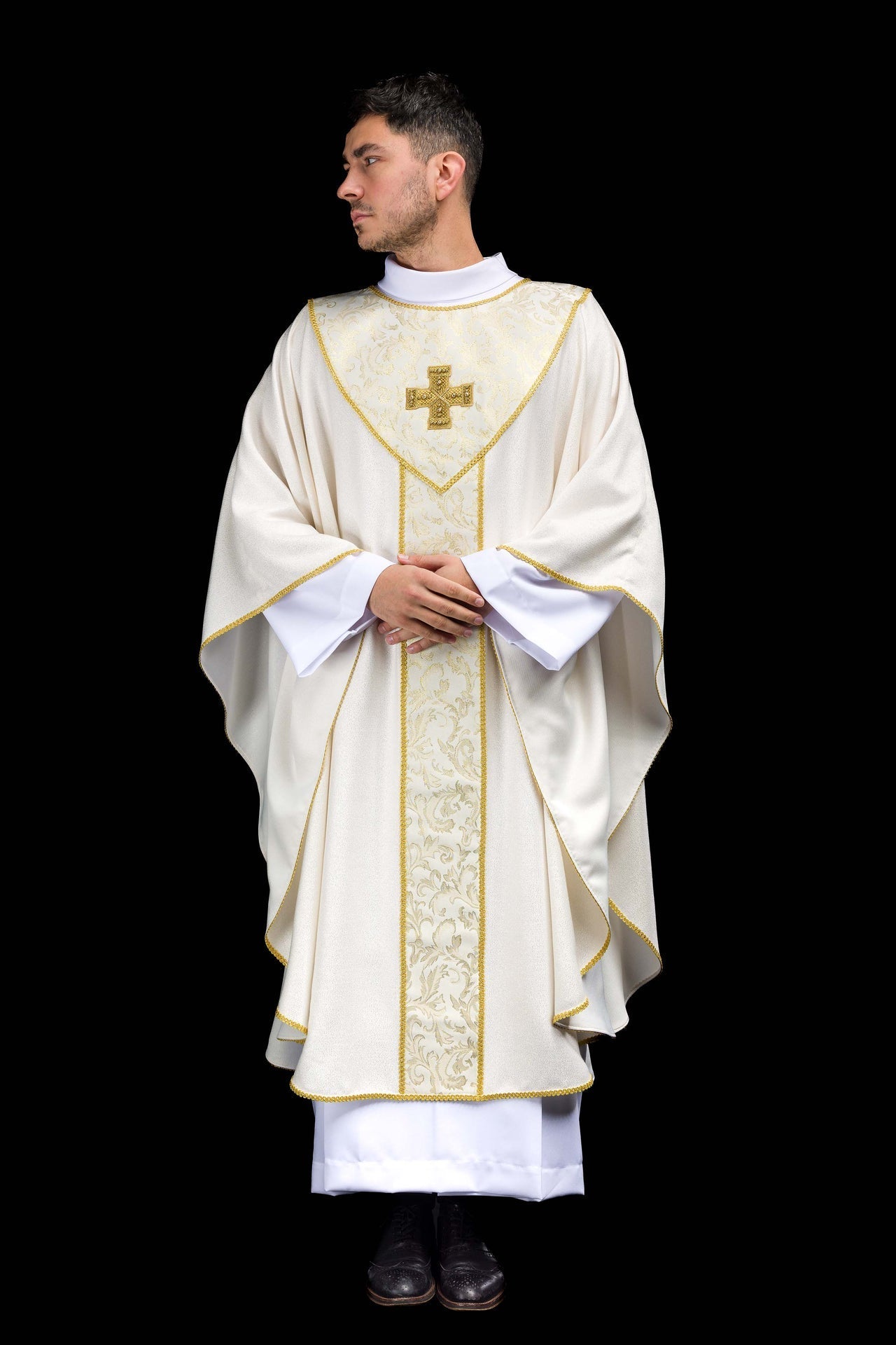 Ecru Chasuble with Cross Adorned with Jacquard Fabric LE/7075/05 - CHASUBLES.COM