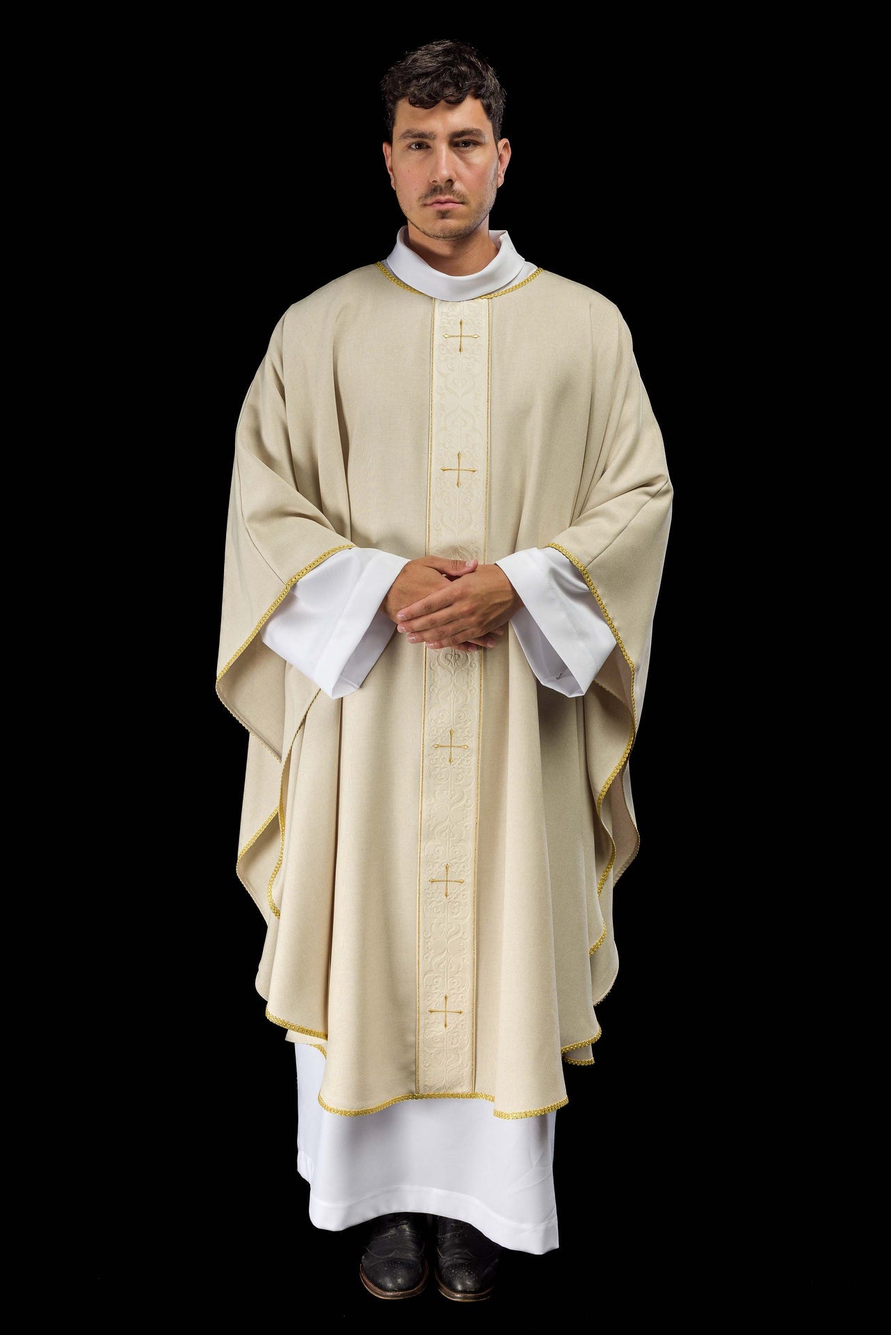 Ecru Chasuble with Embroidered Cross Band LE/7074/05 - CHASUBLES.COM