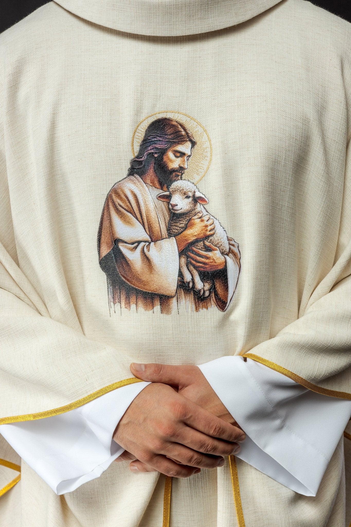 Ecru chasuble with image of Jesus the Good Shepherd with Lamb KOW2/028/05/49 - HAFTINAUSA.COM