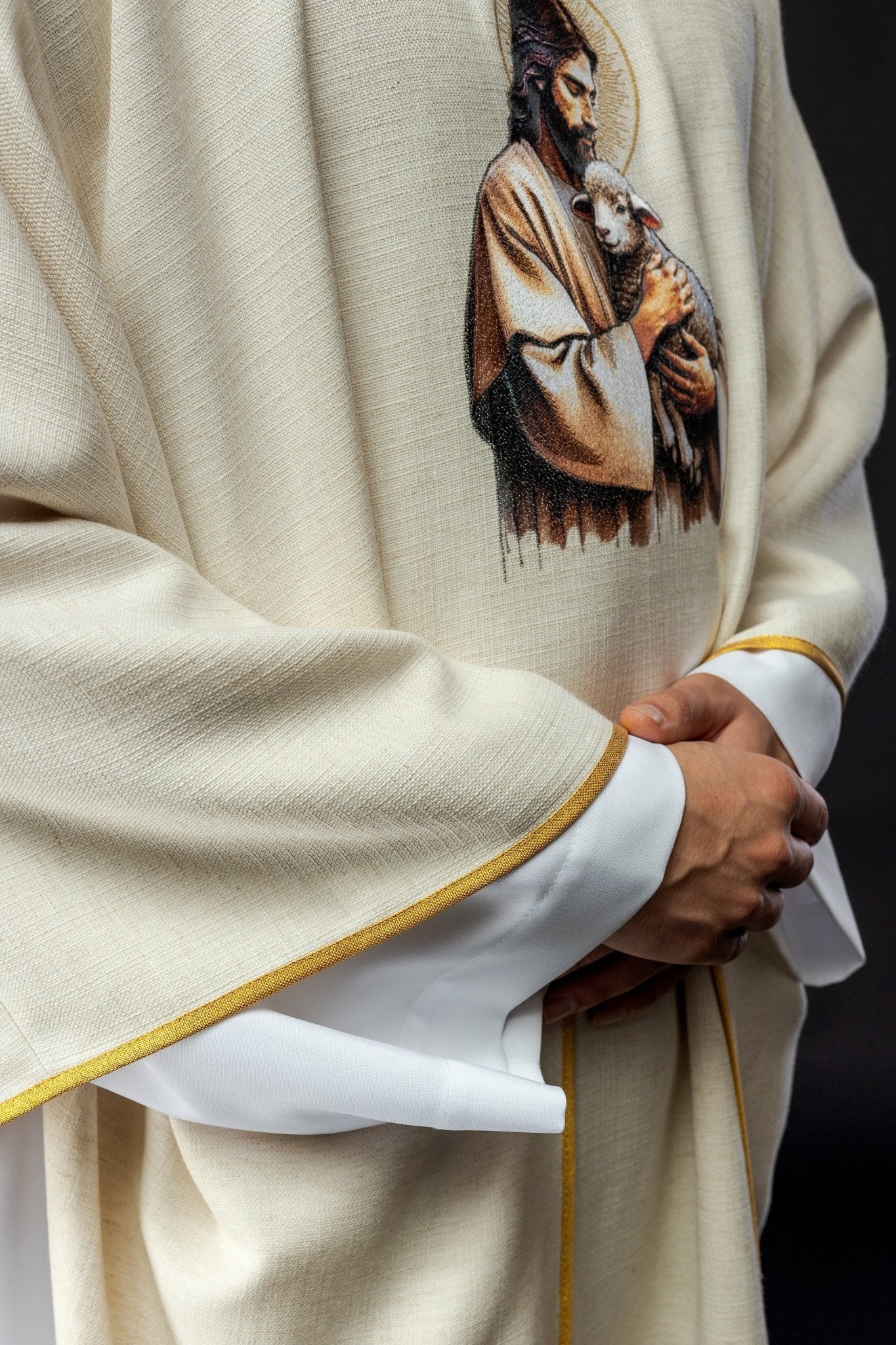Ecru chasuble with image of Jesus the Good Shepherd with Lamb KOW2/028/05/49 - HAFTINAUSA.COM