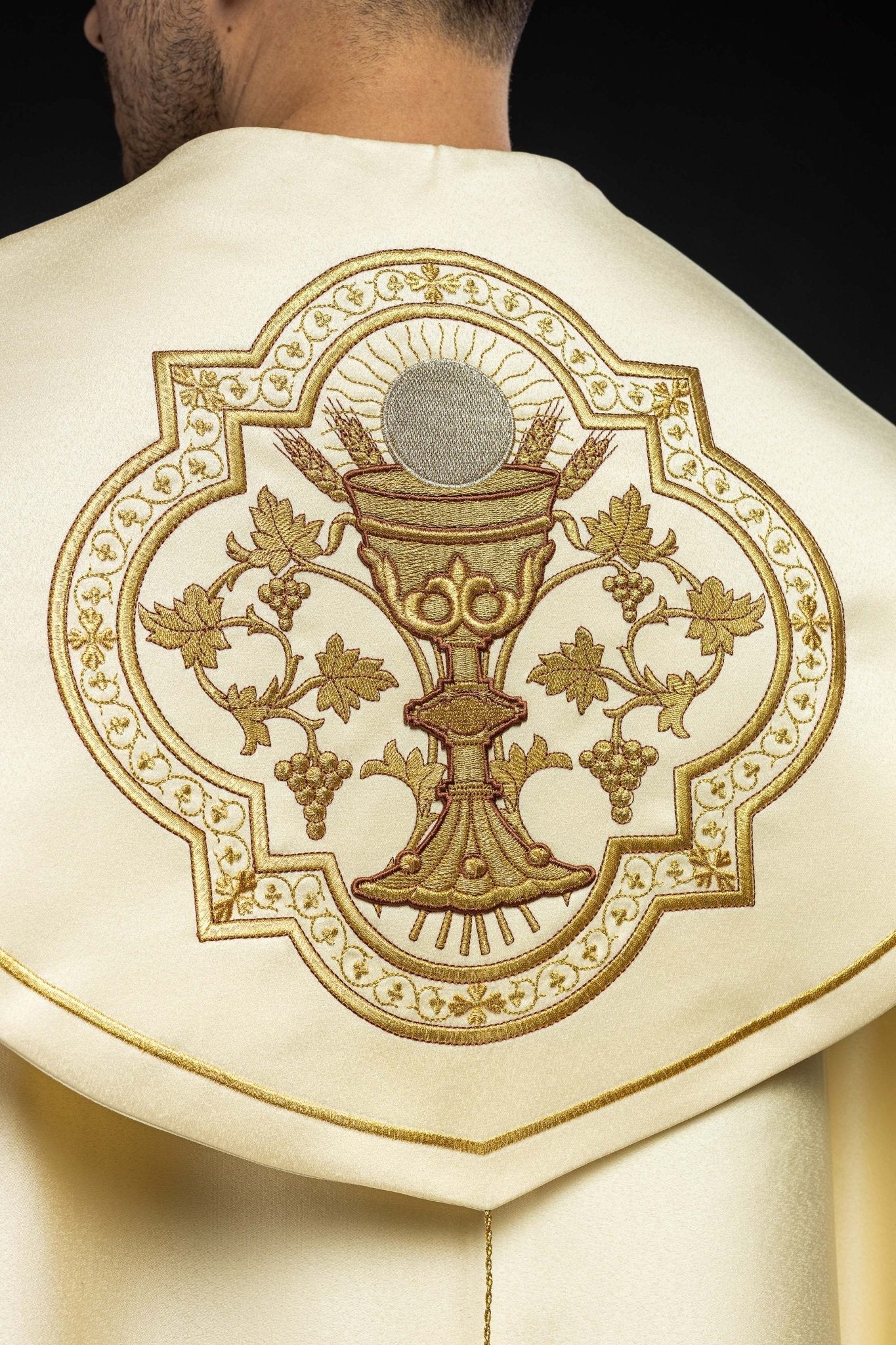 Ecru clergy cope with gold Chalice embroidery KKP/013/05/20 ECRU SAT. POMPON 145cm - HAFTINAUSA.COM