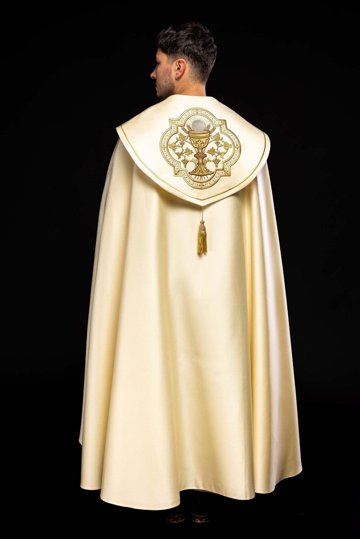 Ecru clergy cope with gold Chalice embroidery KKP/013/05/20 ECRU SAT. POMPON 145cm - HAFTINAUSA.COM
