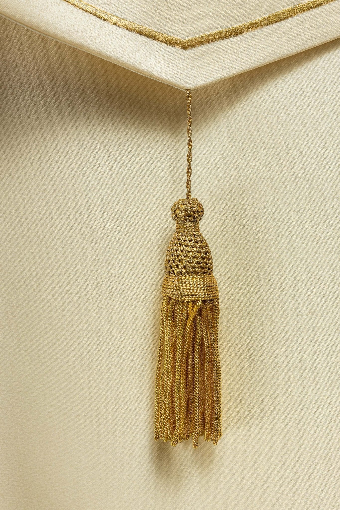 Ecru clergy cope with gold Chalice embroidery KKP/013/05/20 ECRU SAT. POMPON 145cm - HAFTINAUSA.COM