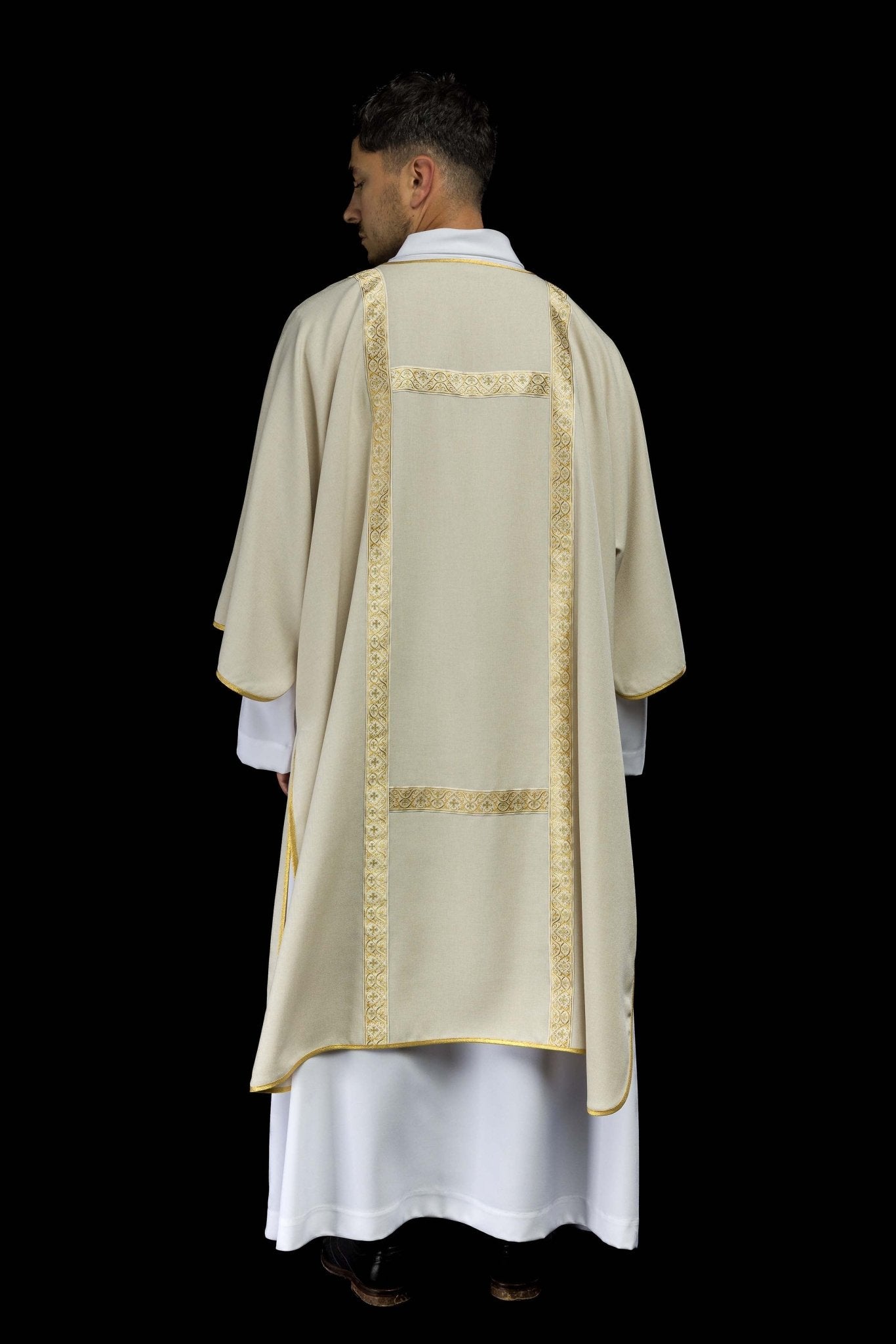 Ecru dalmatic decorated with gold jacquard ribbons KDL/395/05/70/B - CHASUBLES.COM