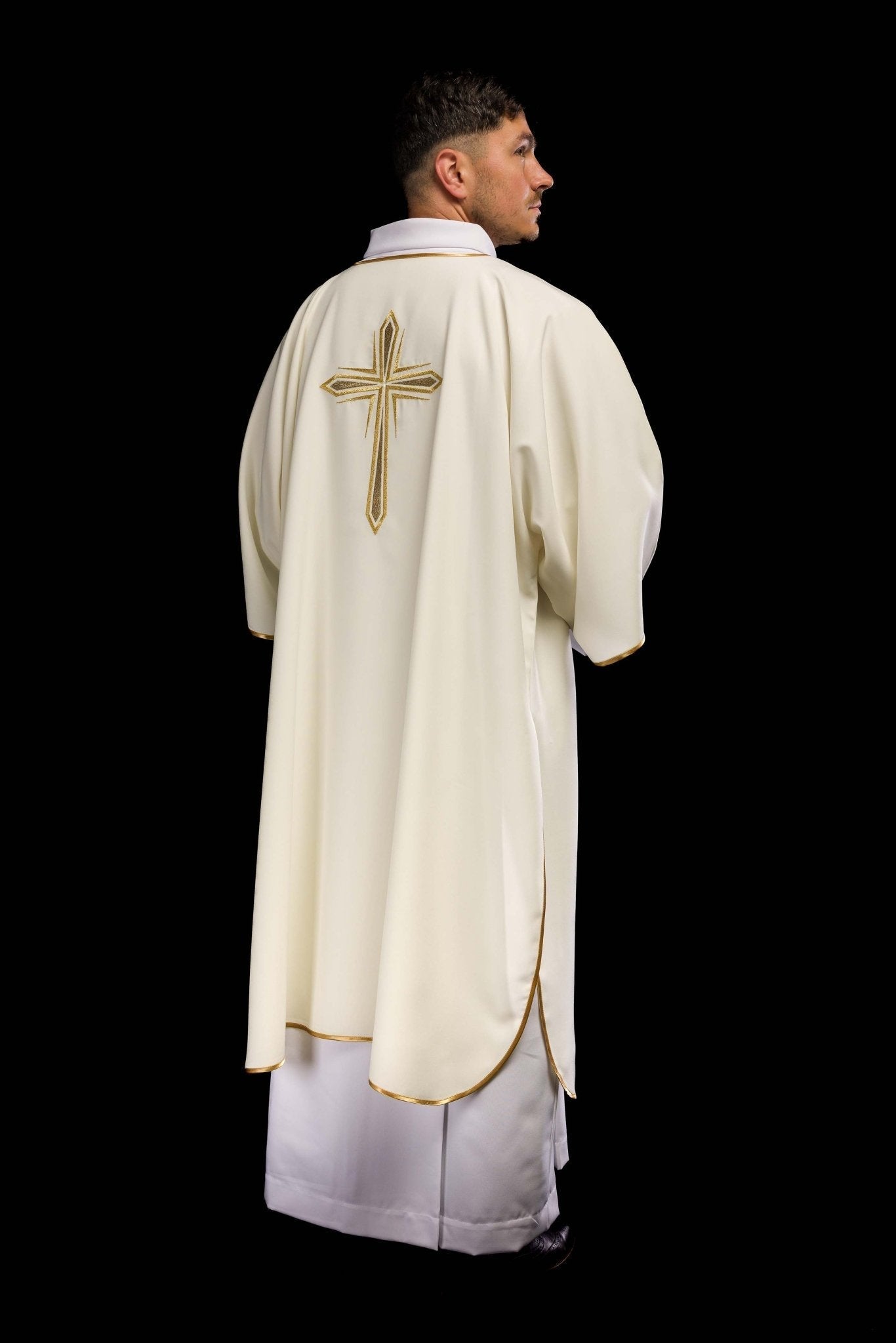 Ecru dalmatic with embroidered golden cross KDL/037/05/12/D - HAFTINAUSA.COM
