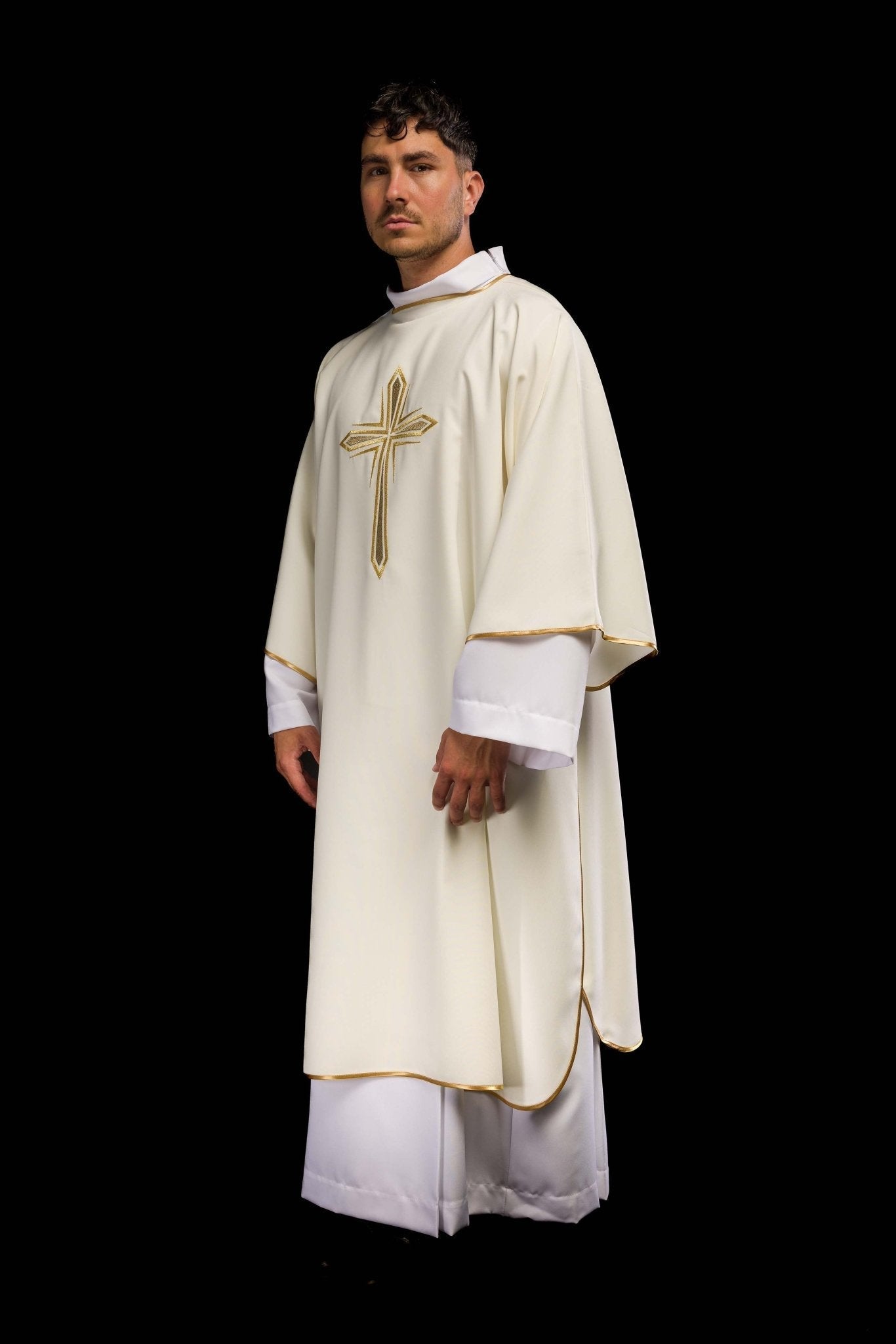 Ecru dalmatic with embroidered golden cross KDL/037/05/12/D - HAFTINAUSA.COM