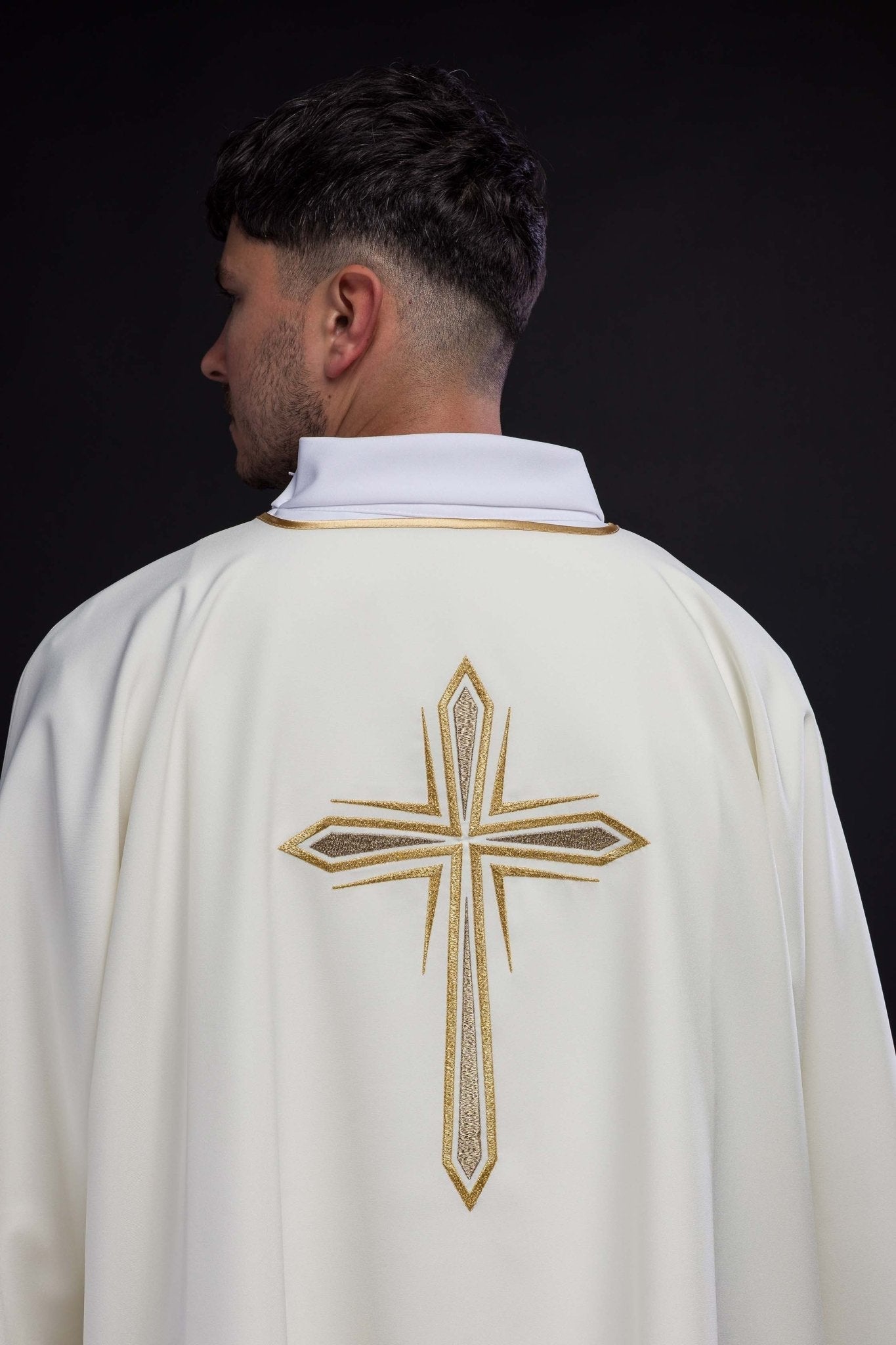 Ecru dalmatic with embroidered golden cross KDL/037/05/12/D - HAFTINAUSA.COM