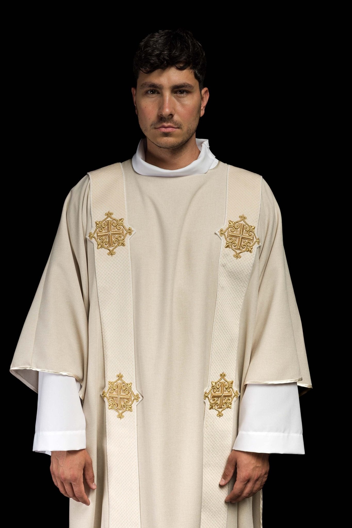 Ecru dalmatic with velvet bands and cross symbols LE/1030/05/B - CHASUBLES.COM
