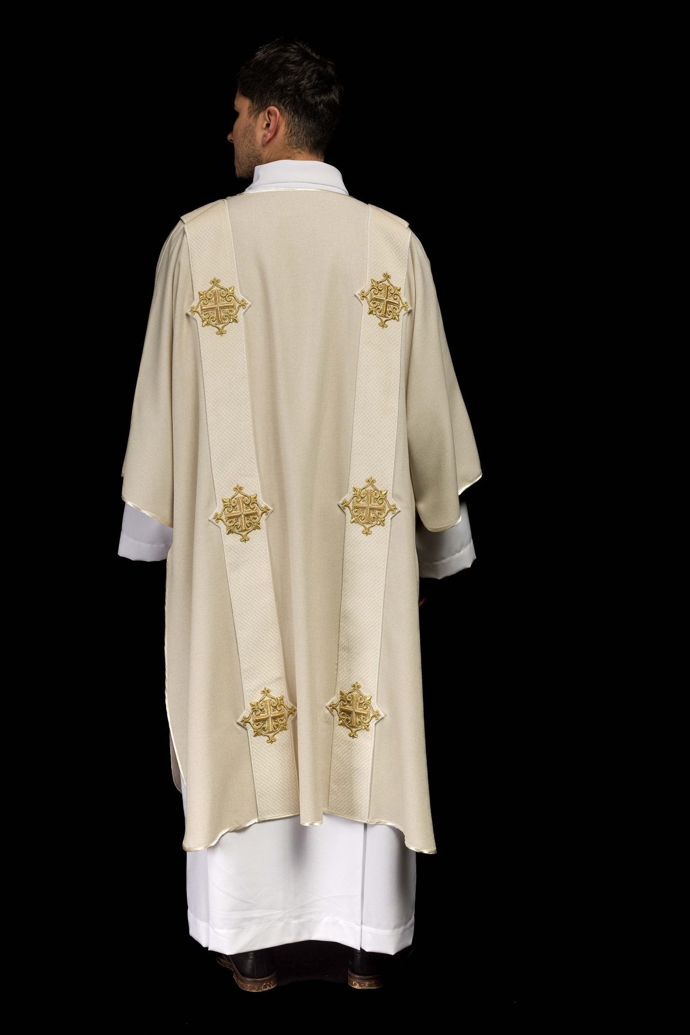 Ecru dalmatic with velvet bands and cross symbols LE/1030/05/B - CHASUBLES.COM