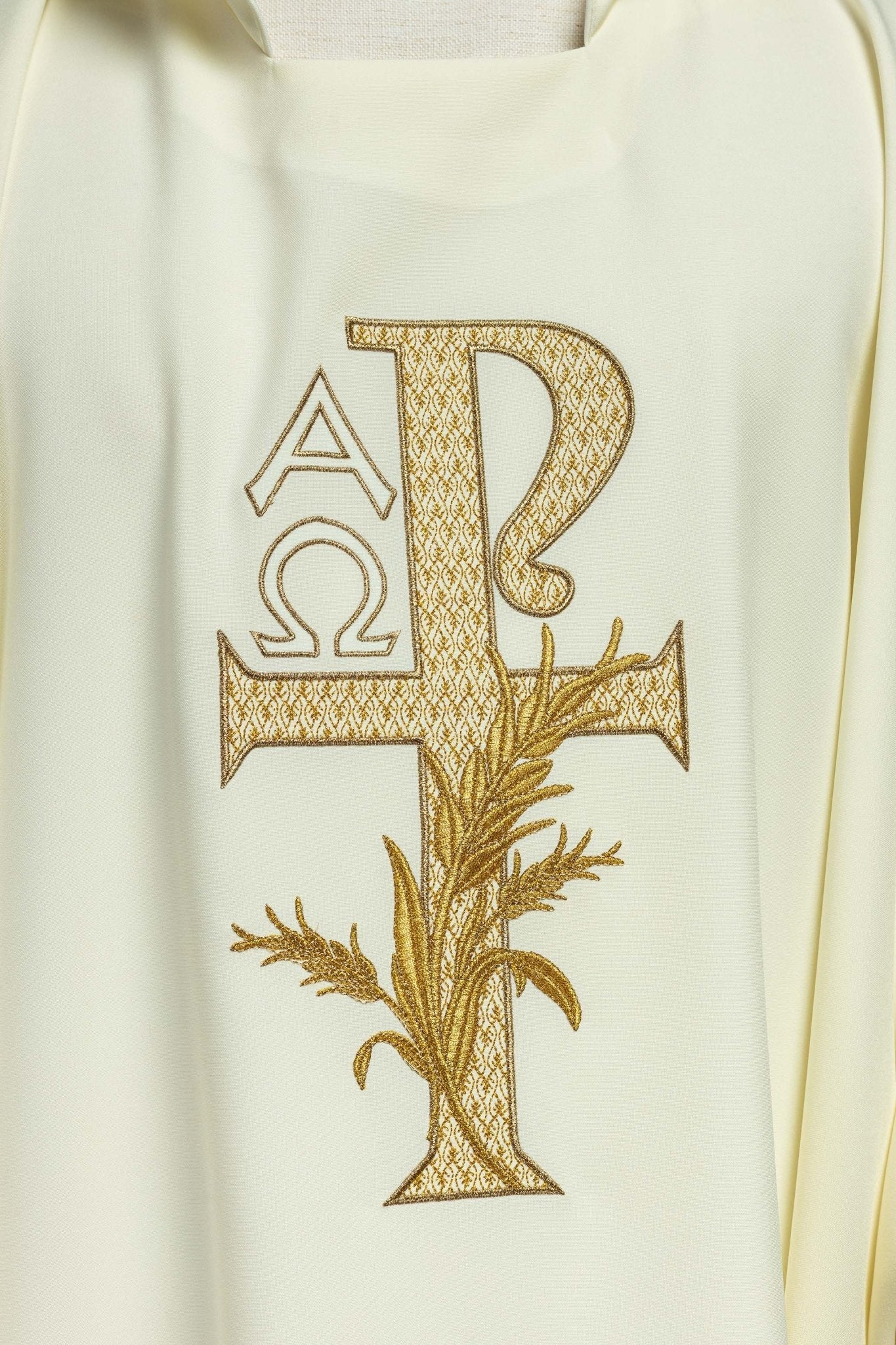 Ecru embroidered chasuble with Alpha and Omega symbol and wide collar KOK/004/05/12/KARO - HAFTINAUSA.COM