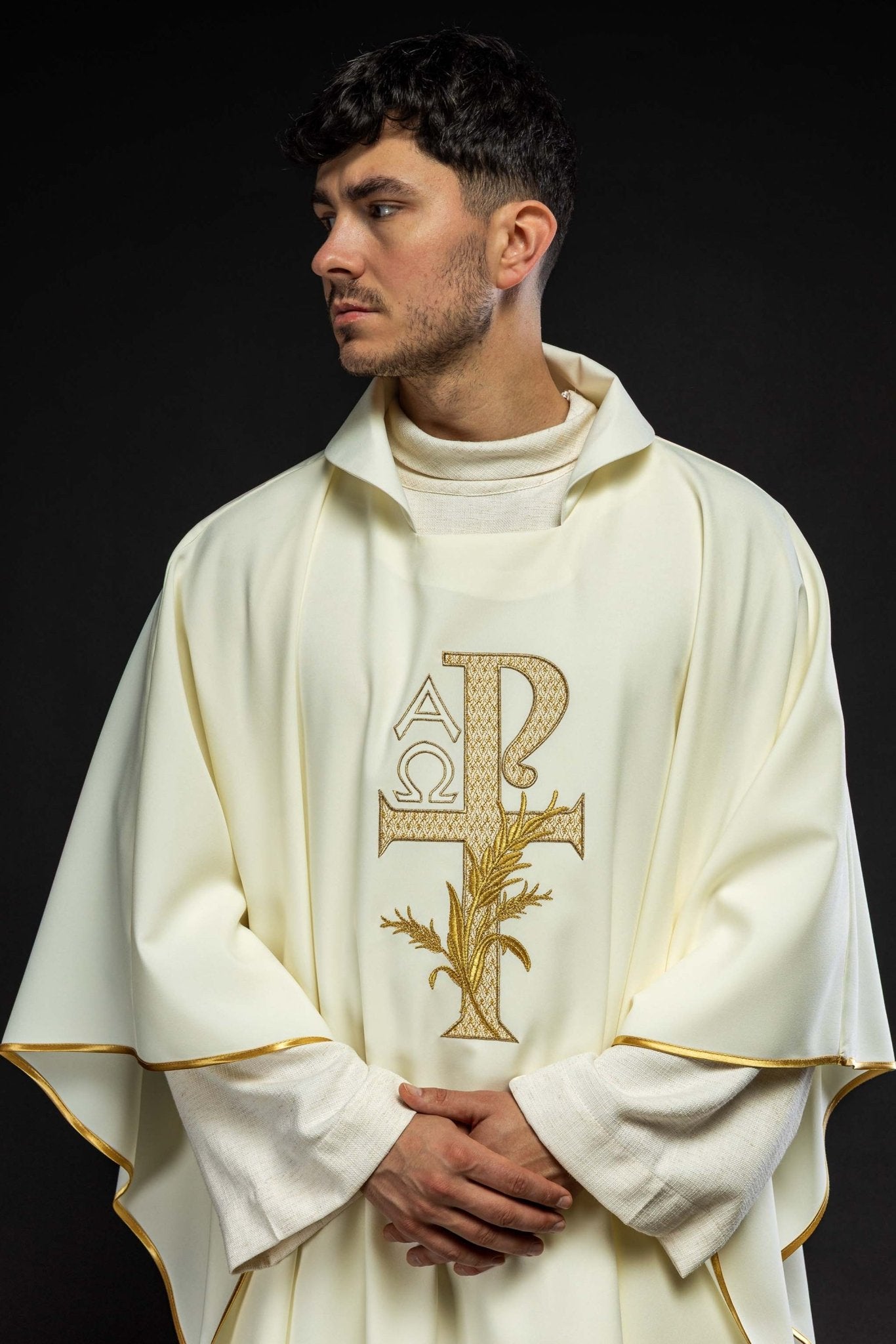 Ecru embroidered chasuble with Alpha and Omega symbol and wide collar KOK/004/05/12/KARO - HAFTINAUSA.COM