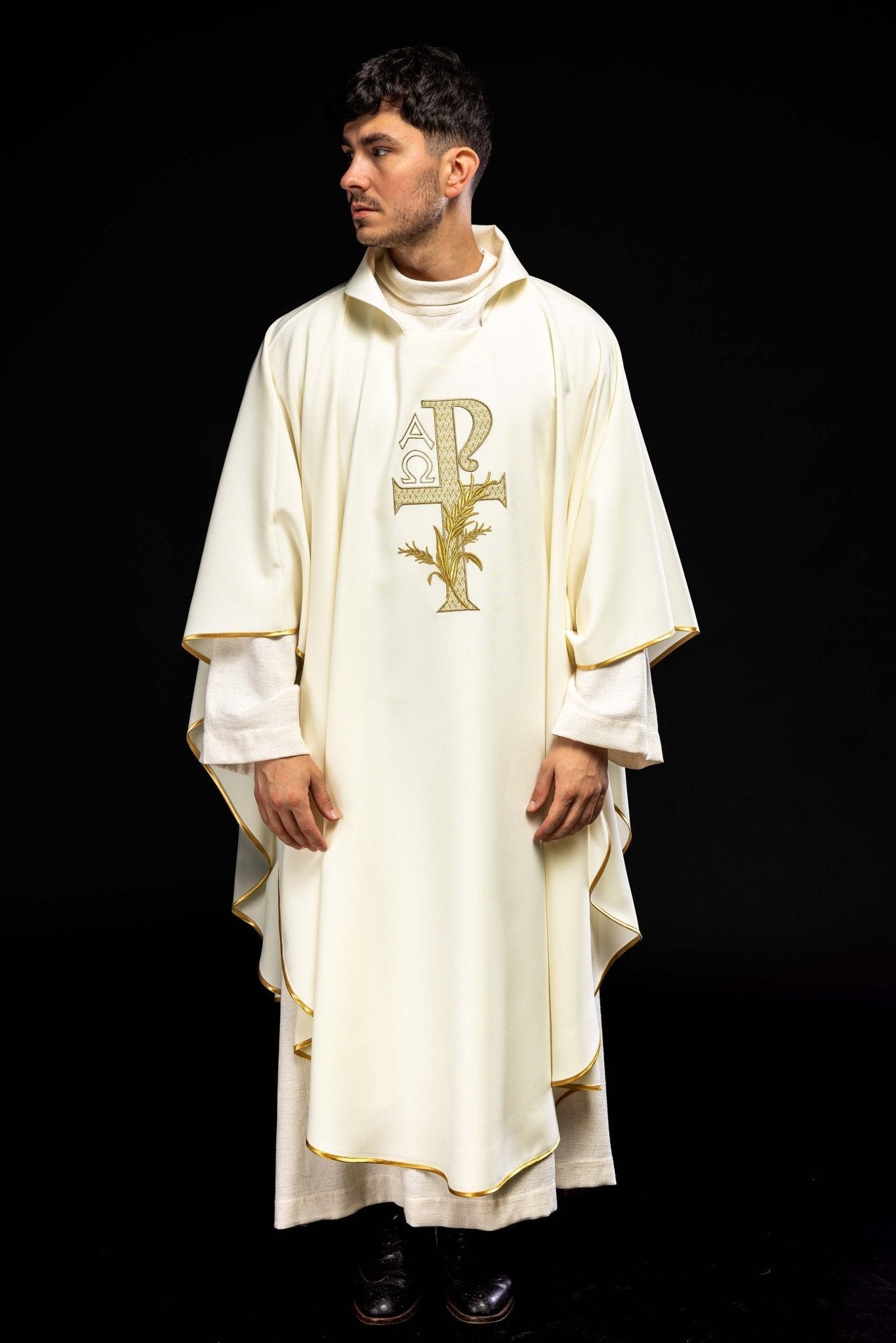 Ecru embroidered chasuble with Alpha and Omega symbol and wide collar KOK/004/05/12/KARO - HAFTINAUSA.COM