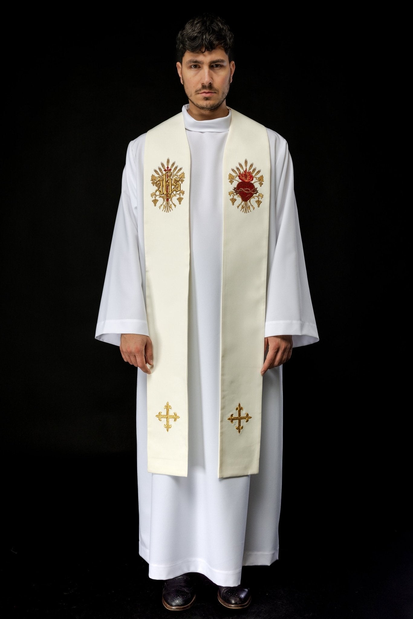 Ecru embroidered stole with a cross, IHS, and the heart of Jesus Christ KST/159/05/01 ECRU - HAFTINAUSA.COM