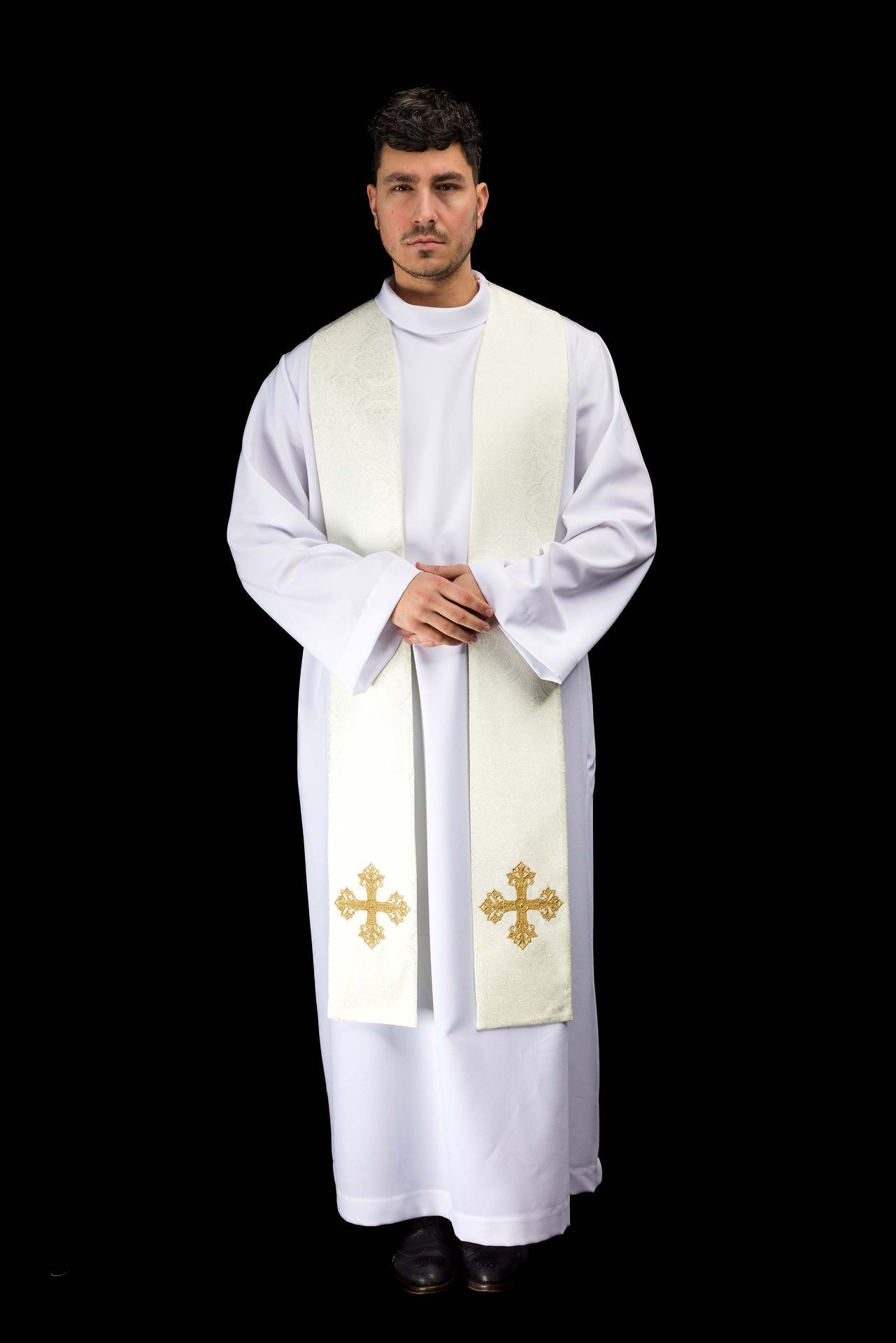 Ecru jacquard stole embroidered with a cross motif KST/967/05/11 - CHASUBLES.COM