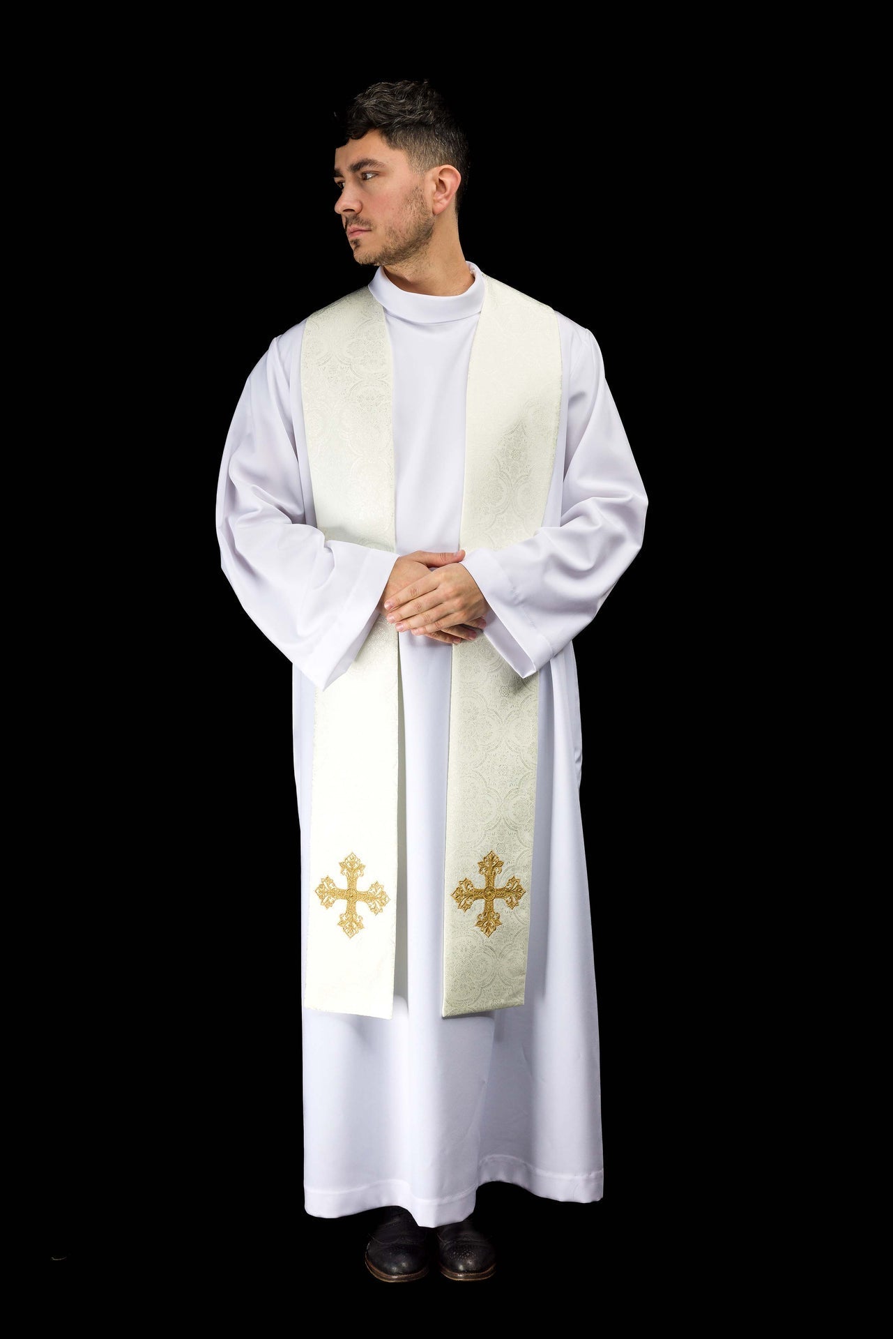Ecru jacquard stole embroidered with a cross motif KST/967/05/11 - CHASUBLES.COM