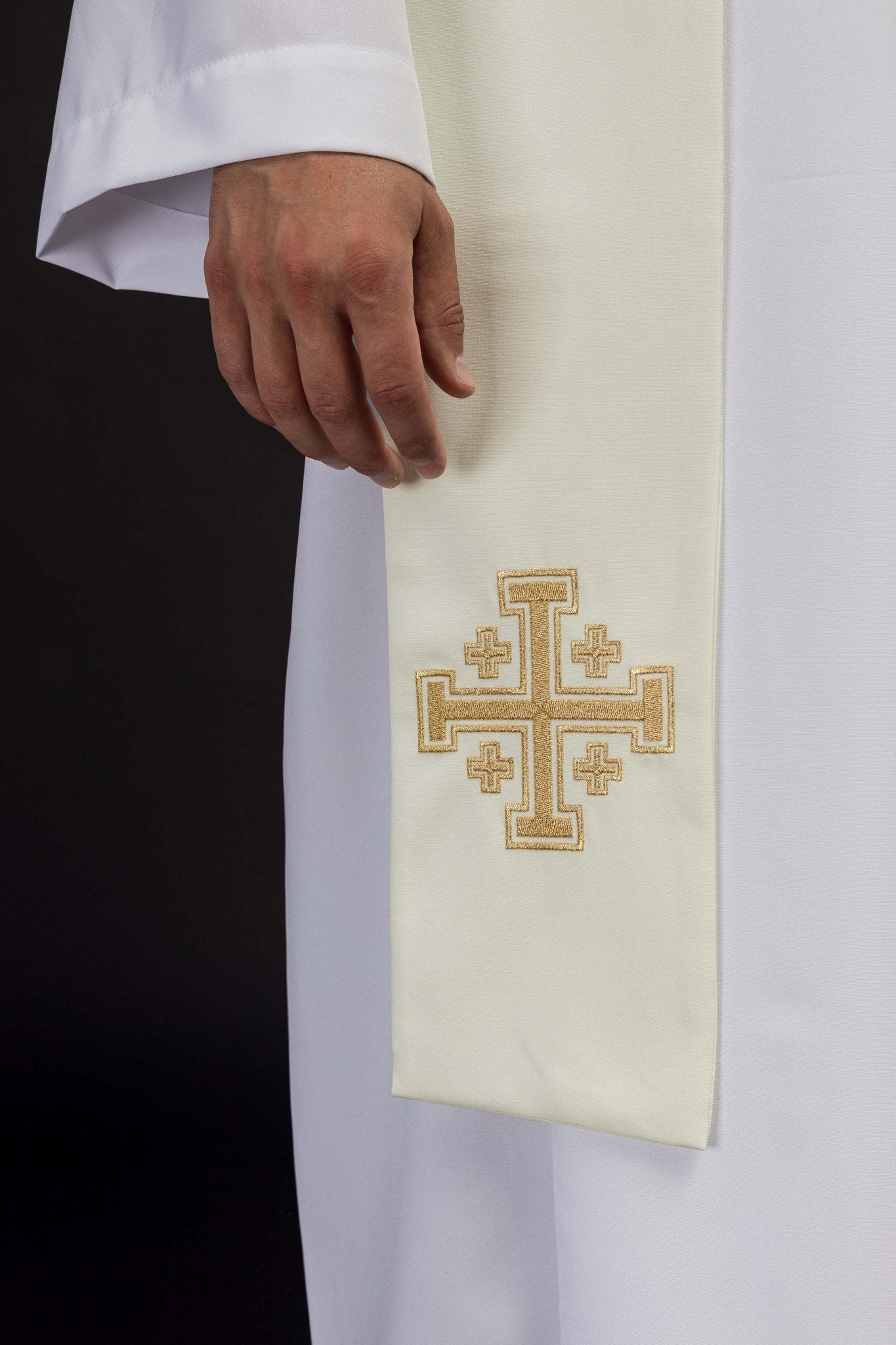 Ecru Jerusalem Cross embroidered priestly stole KST/046/05/01 ECRU - HAFTINAUSA.COM