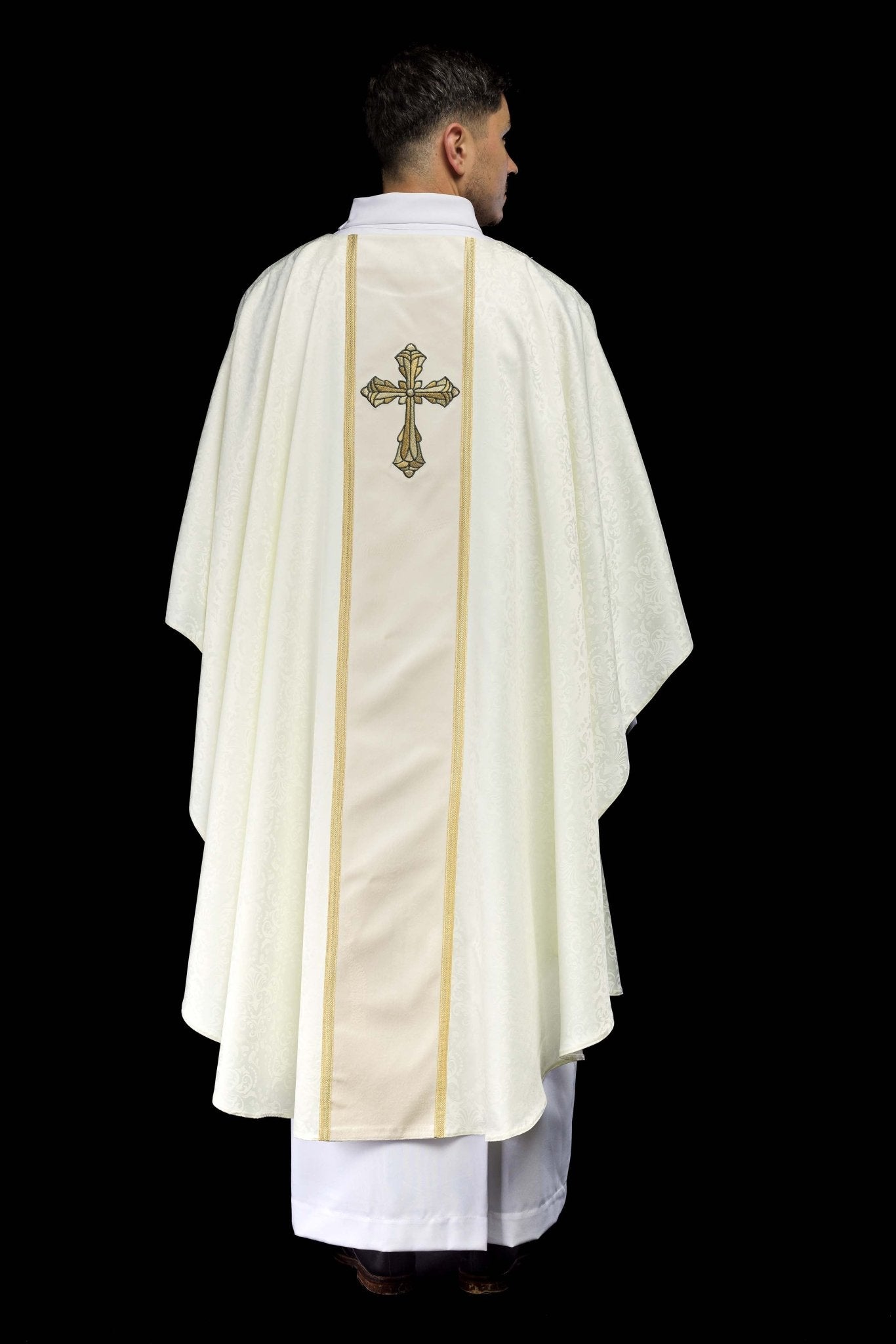 Ecru Liturgical Chasuble with Central Band and Embroidered Cross on Jacquard Fabric KOA/007/05/98 - CHASUBLES.COM