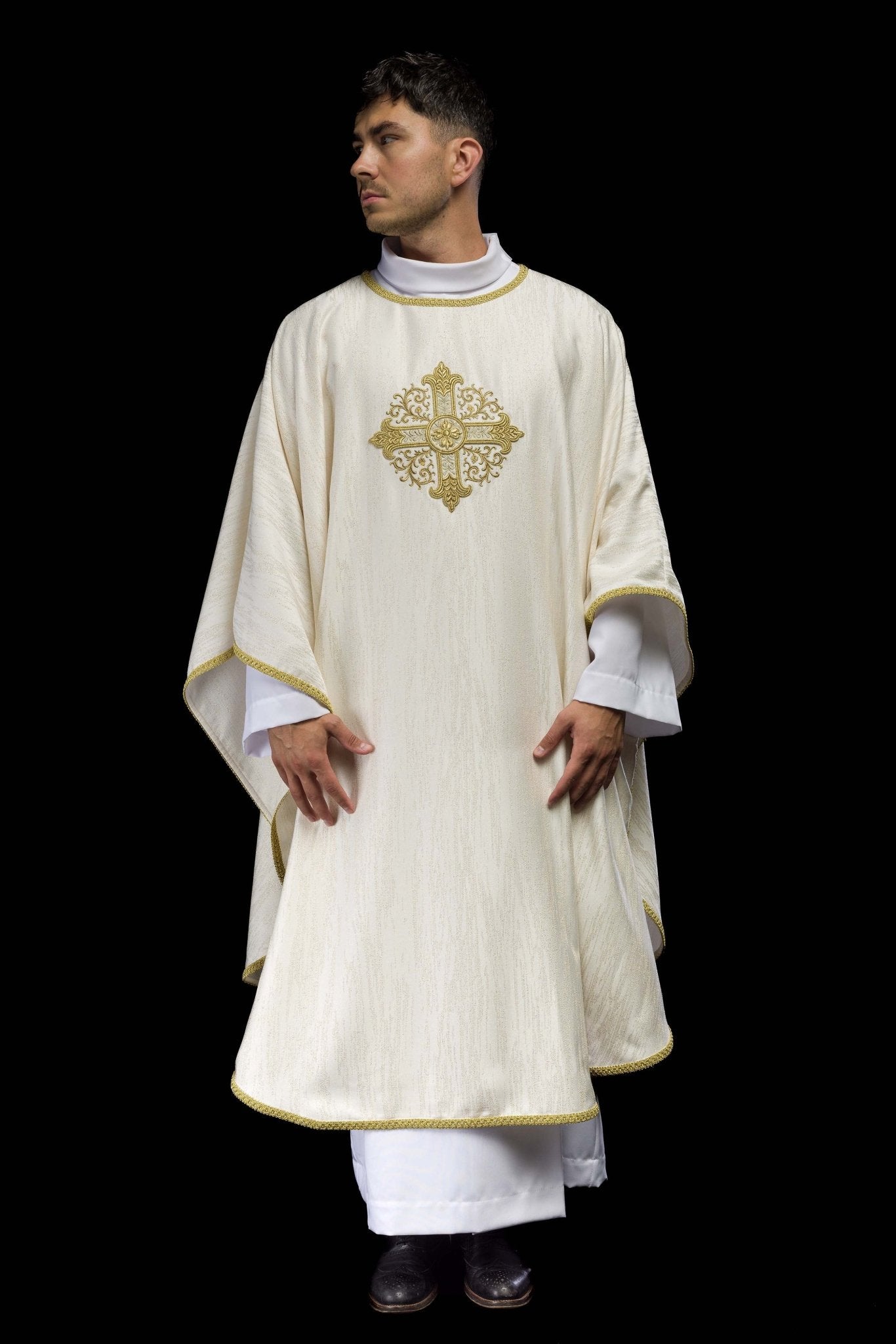 Ecru Liturgical Chasuble with Embroidered Cross on Decorative Fabric KOA/006/05/99 - CHASUBLES.COM