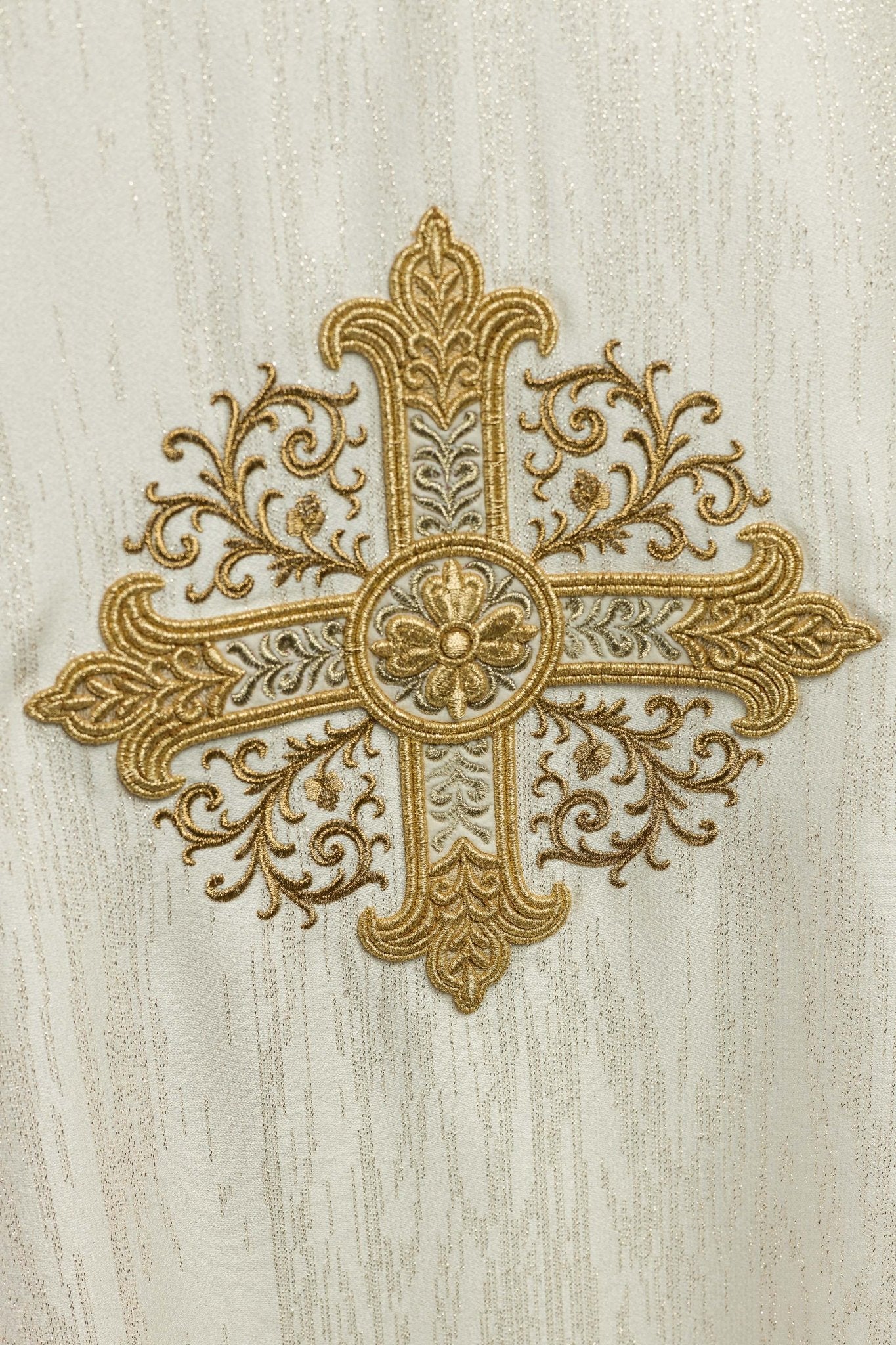 Ecru Liturgical Chasuble with Embroidered Cross on Decorative Fabric KOA/006/05/99 - CHASUBLES.COM