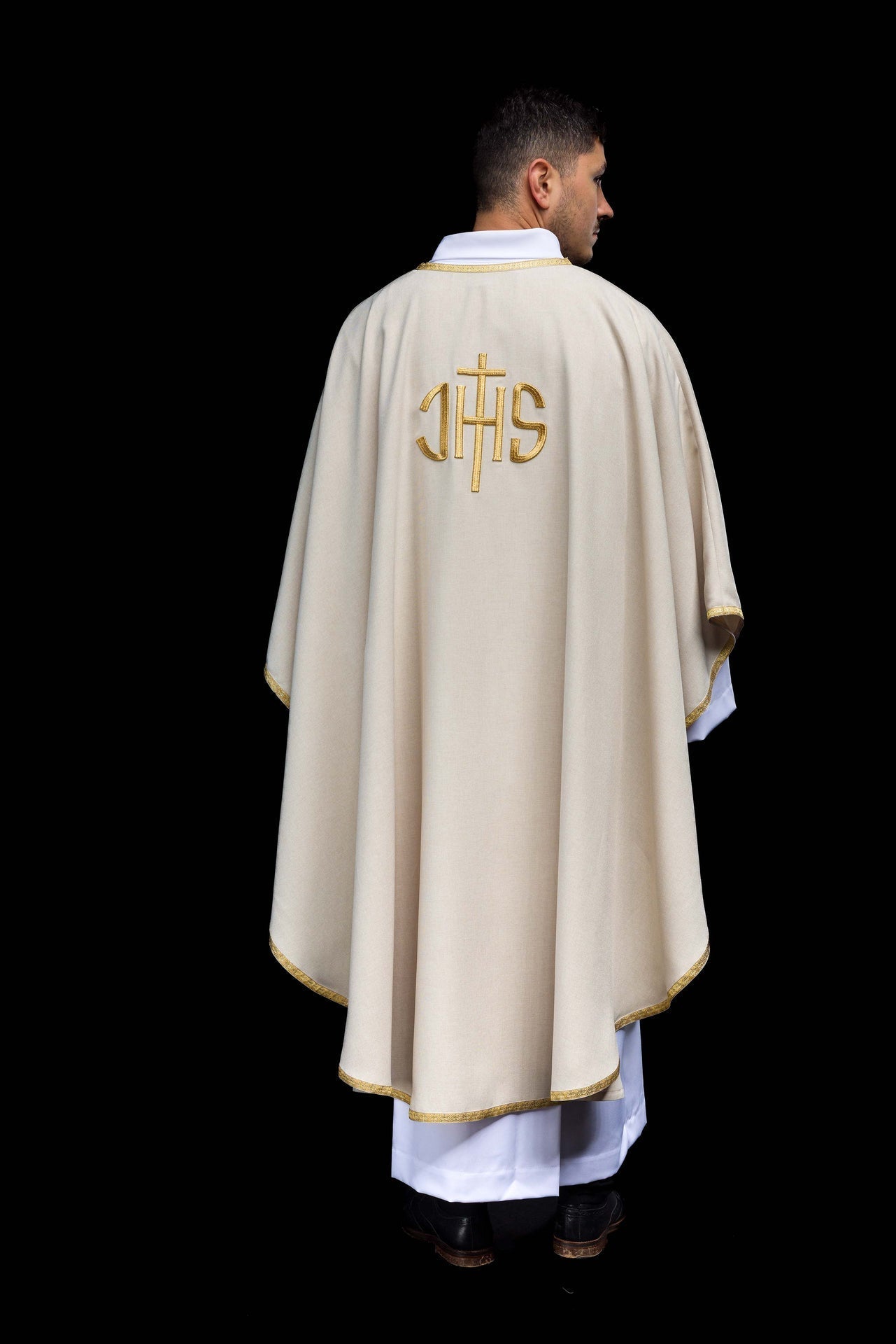 Ecru Liturgical Chasuble with Golden IHS Embroidery KOA/001/05/70 - CHASUBLES.COM