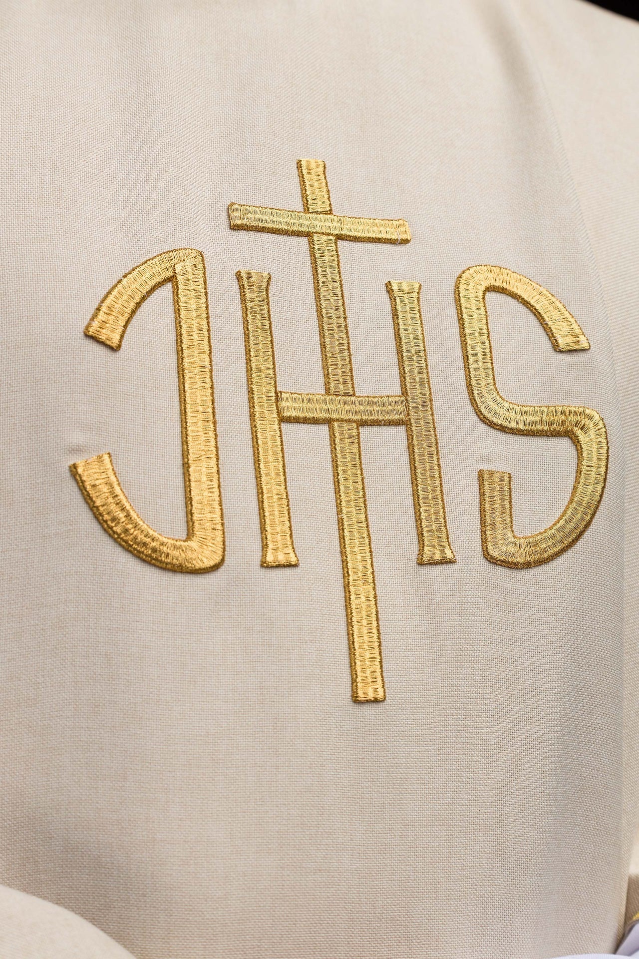 Ecru Liturgical Chasuble with Golden IHS Embroidery KOA/001/05/70 - CHASUBLES.COM