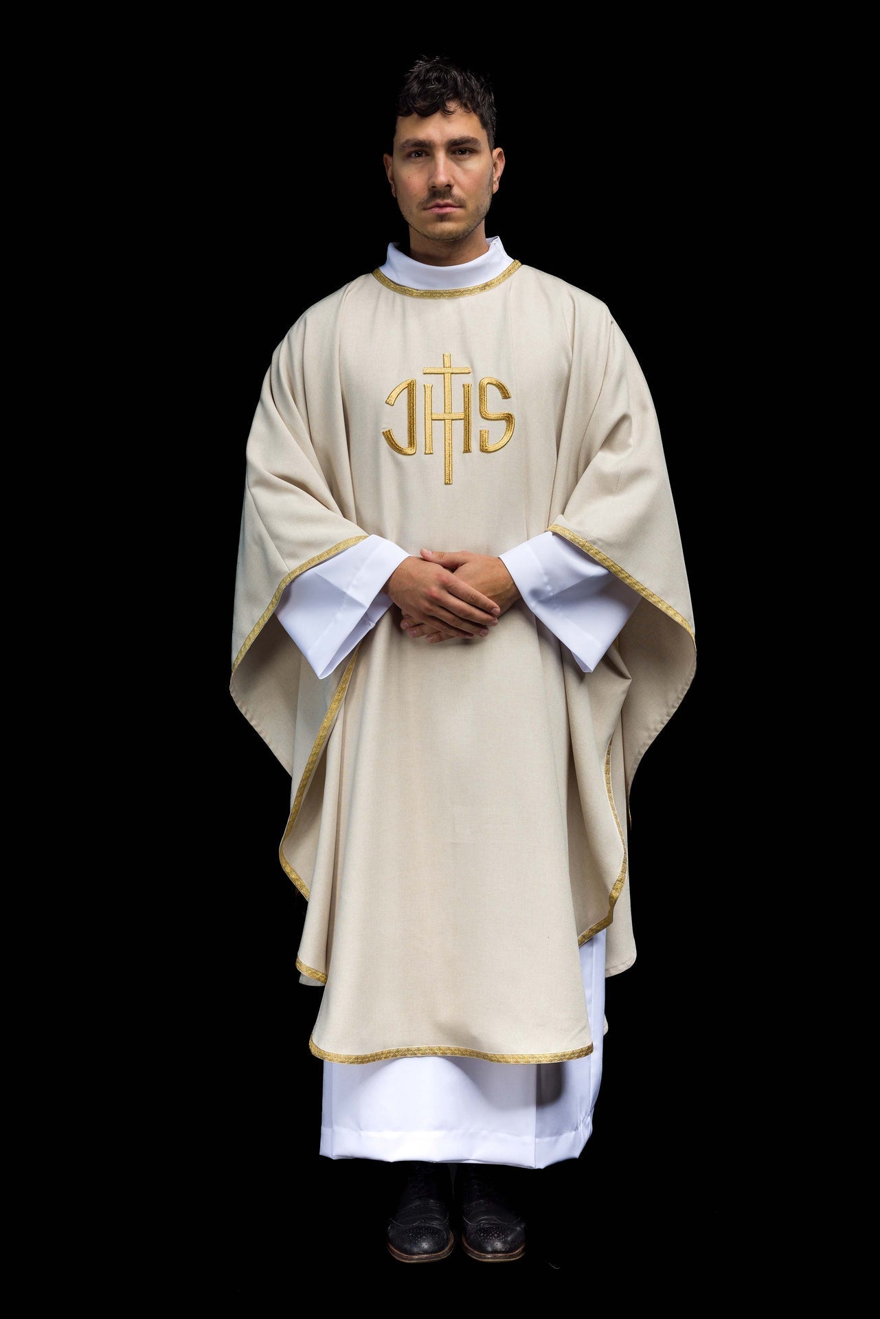 Ecru Liturgical Chasuble with Golden IHS Embroidery KOA/001/05/70 - CHASUBLES.COM