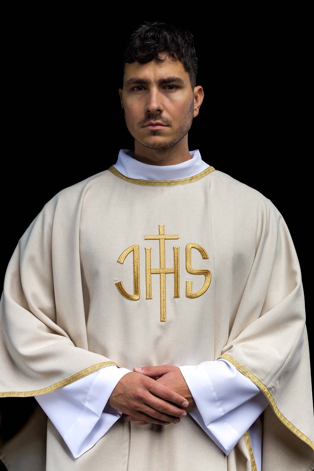 Ecru Liturgical Chasuble with Golden IHS Embroidery KOA/001/05/70 - CHASUBLES.COM