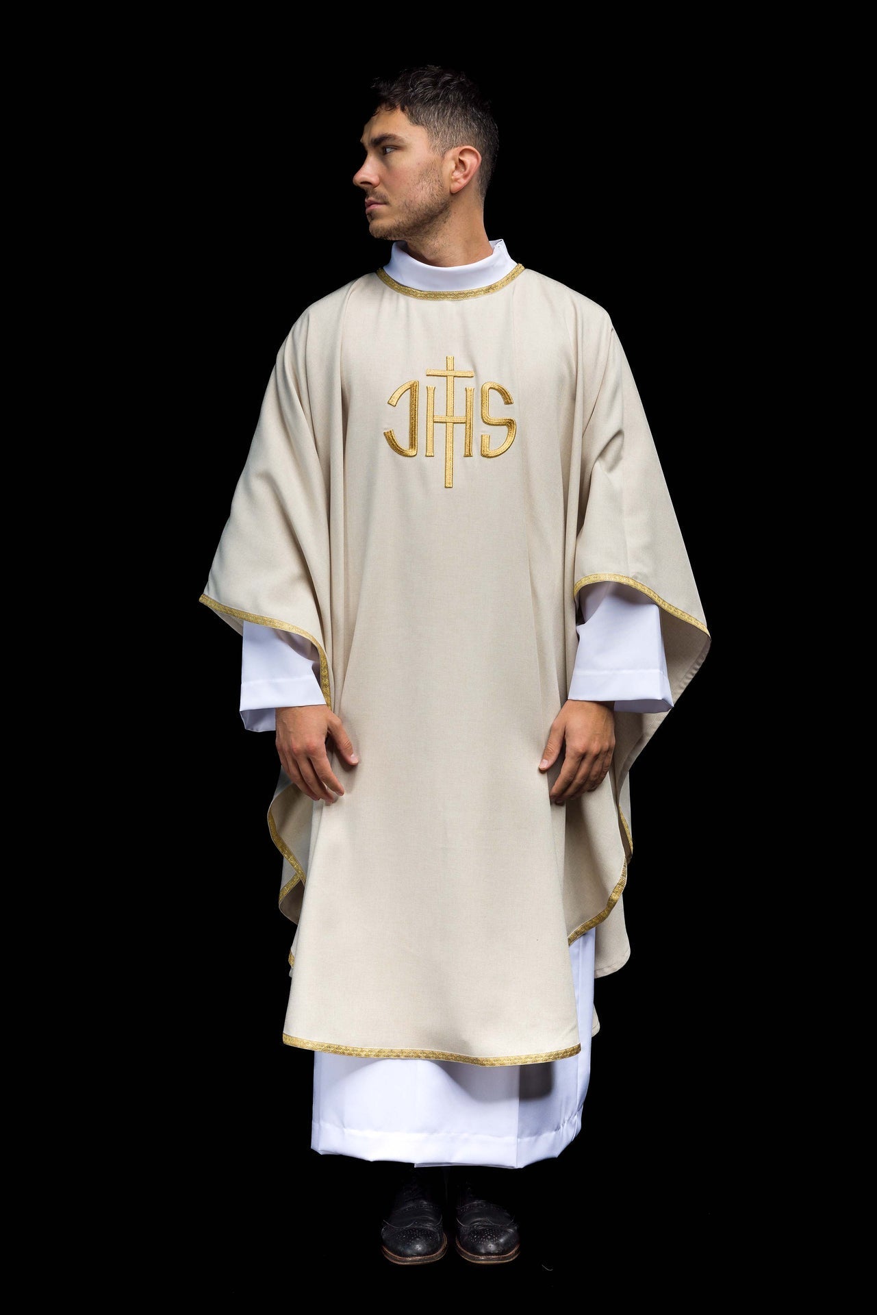 Ecru Liturgical Chasuble with Golden IHS Embroidery KOA/001/05/70 - CHASUBLES.COM