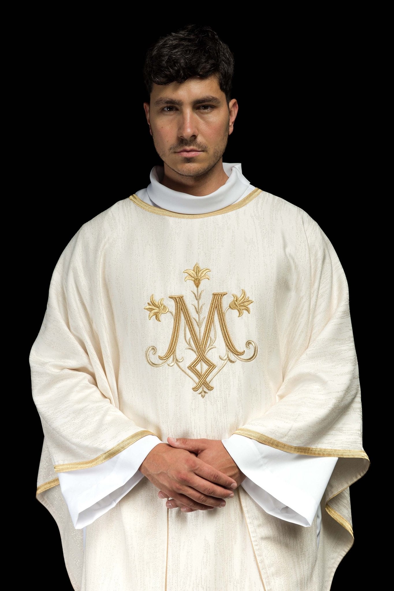Ecru Liturgical Chasuble with Marian Embroidery – Ornamental Fabric KOA/004/05/99 - CHASUBLES.COM