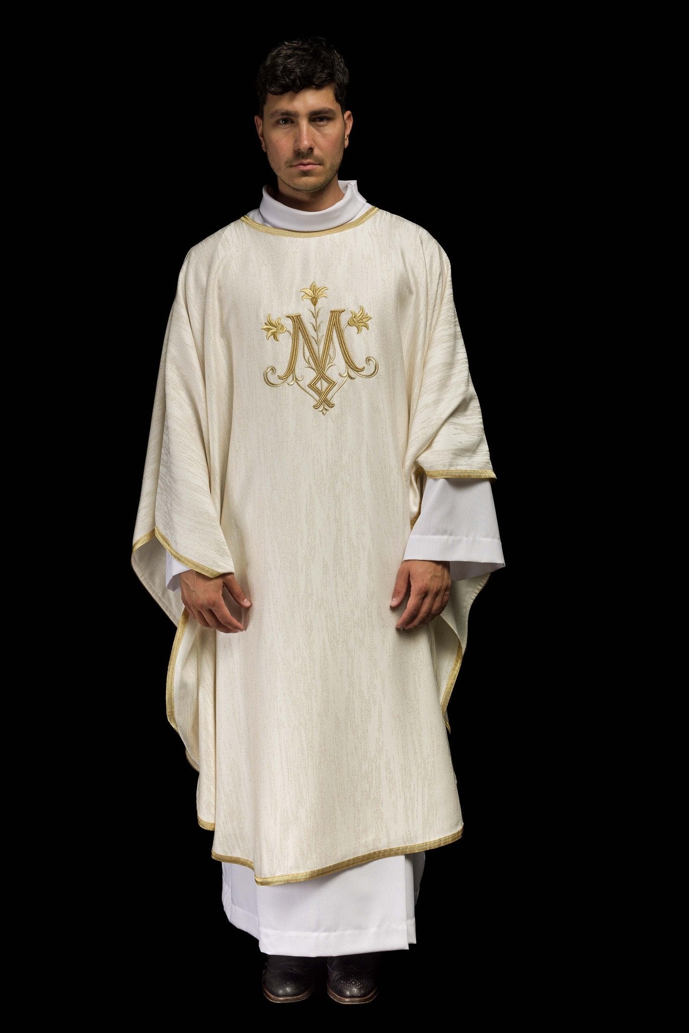 Ecru Liturgical Chasuble with Marian Embroidery – Ornamental Fabric KOA/004/05/99 - CHASUBLES.COM