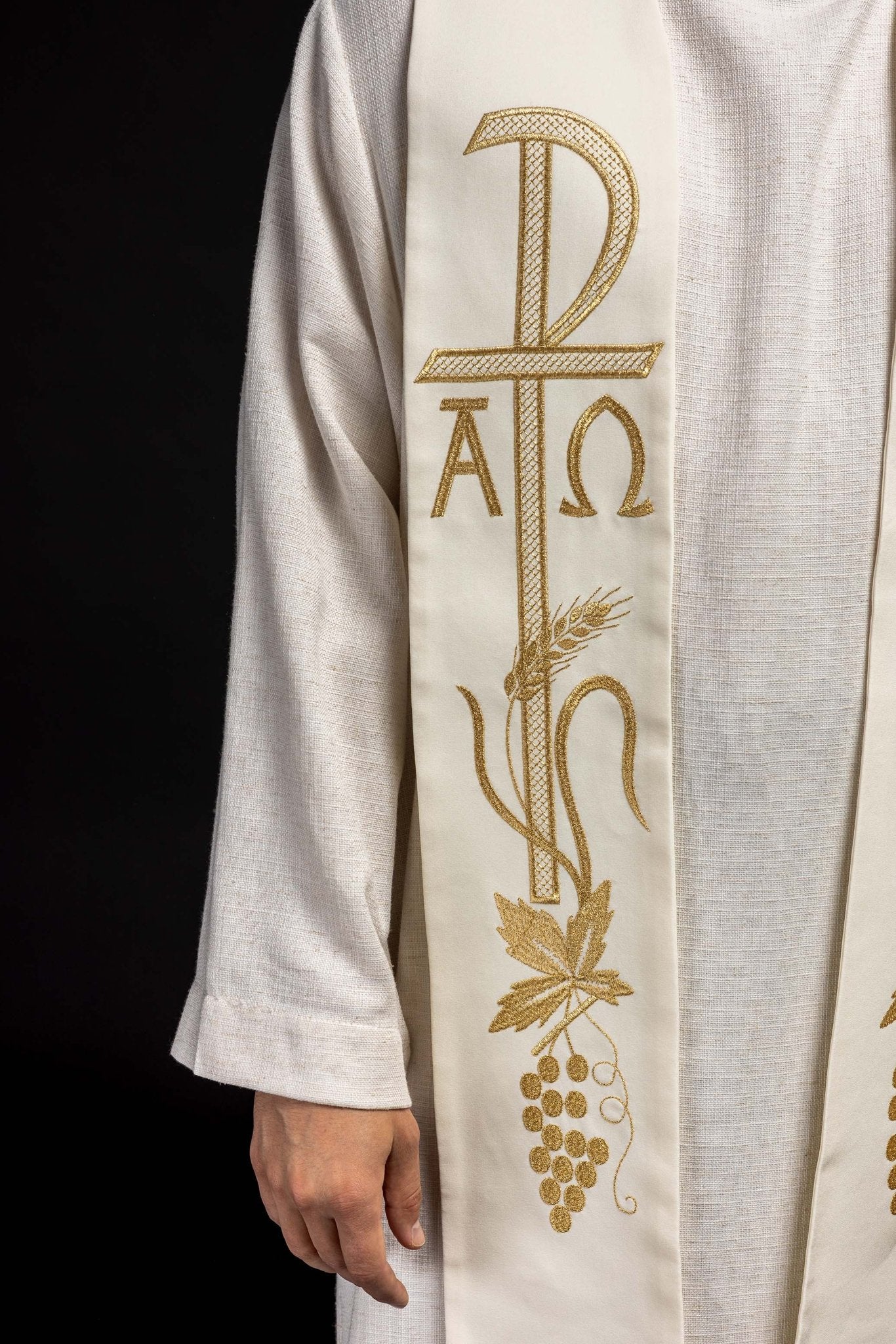 Ecru priestly stole embroidered with Alpha and Omega KST/075/05/01 ECRU - HAFTINAUSA.COM