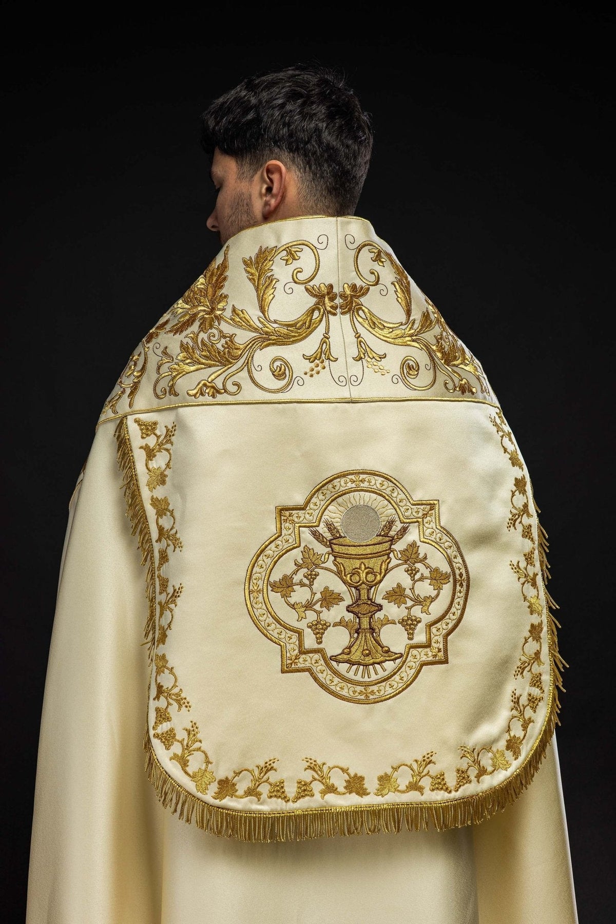 Roman Style Cape Pattern Ecru satin Roman cape with embroidered chalice