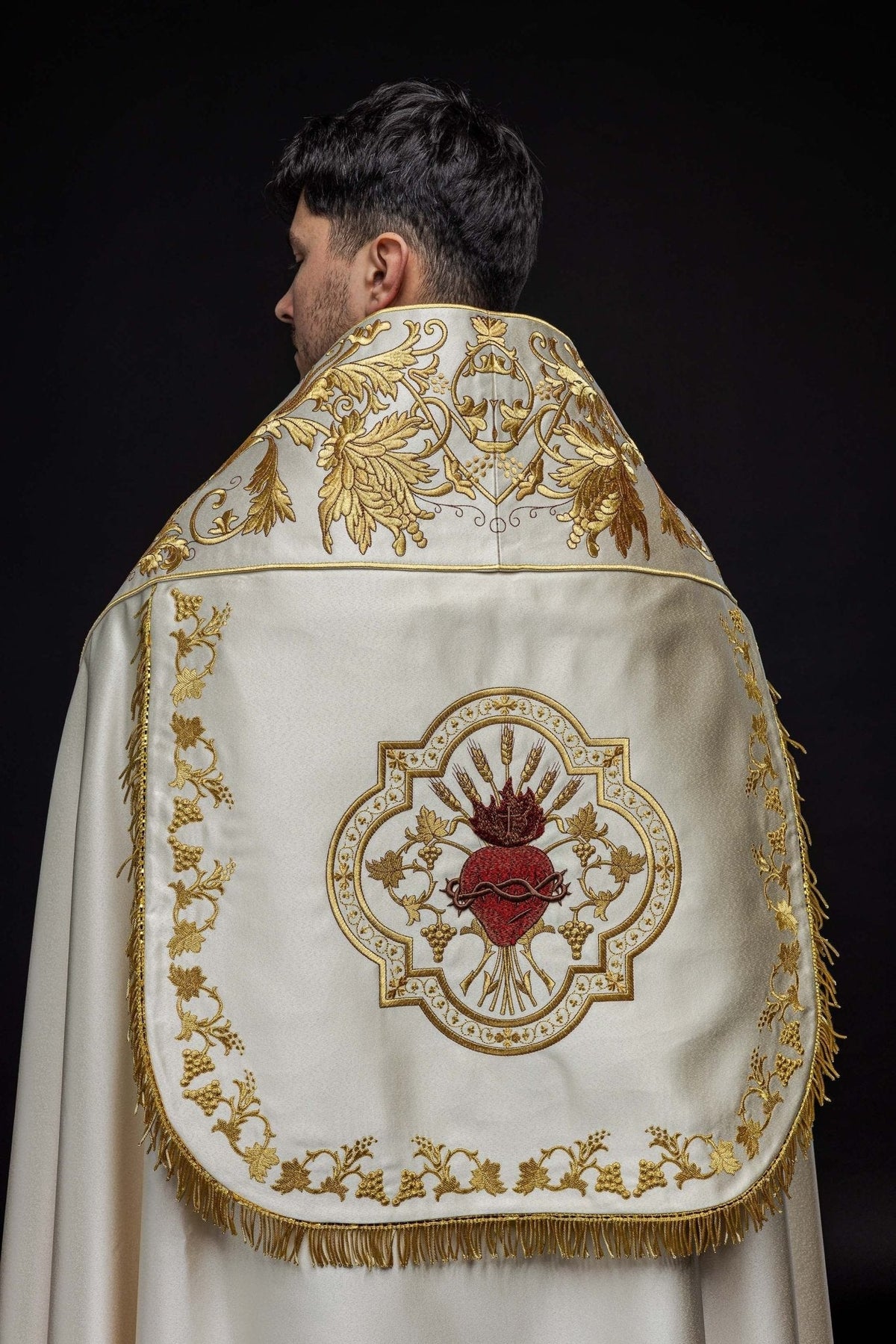 Roman Style Cape Pattern Ecru satin Roman cape with embroidered heart of Jesus