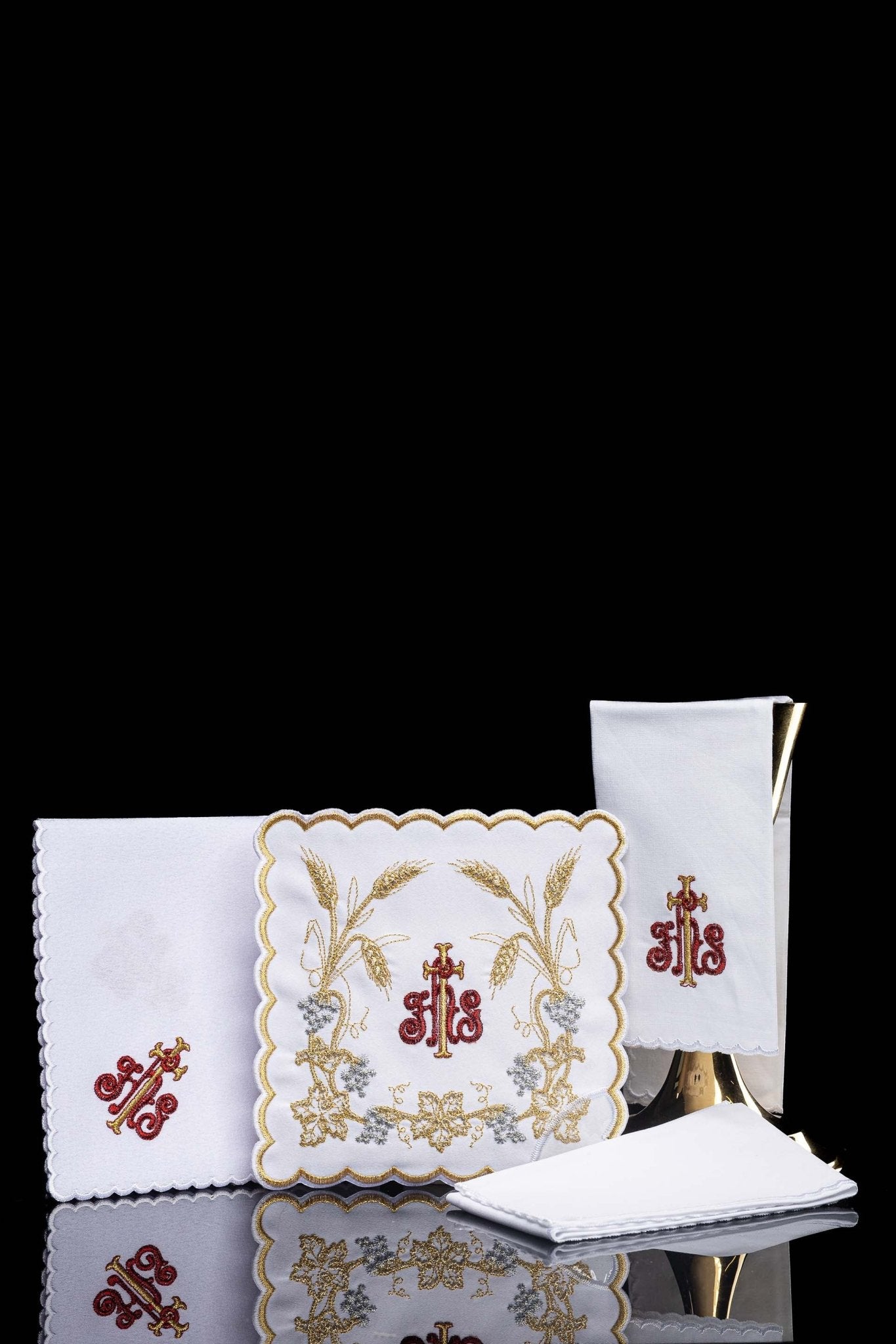 Elaborately Decorated Chalice Linens with IHS and Wheat Embroidery KK/040 - CHASUBLES.COM