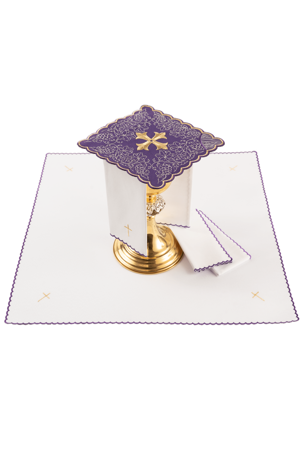 Embroidered chalice linens set with a purple cross motif KDT/5028/03 FIOLET - CHASUBLES.COM