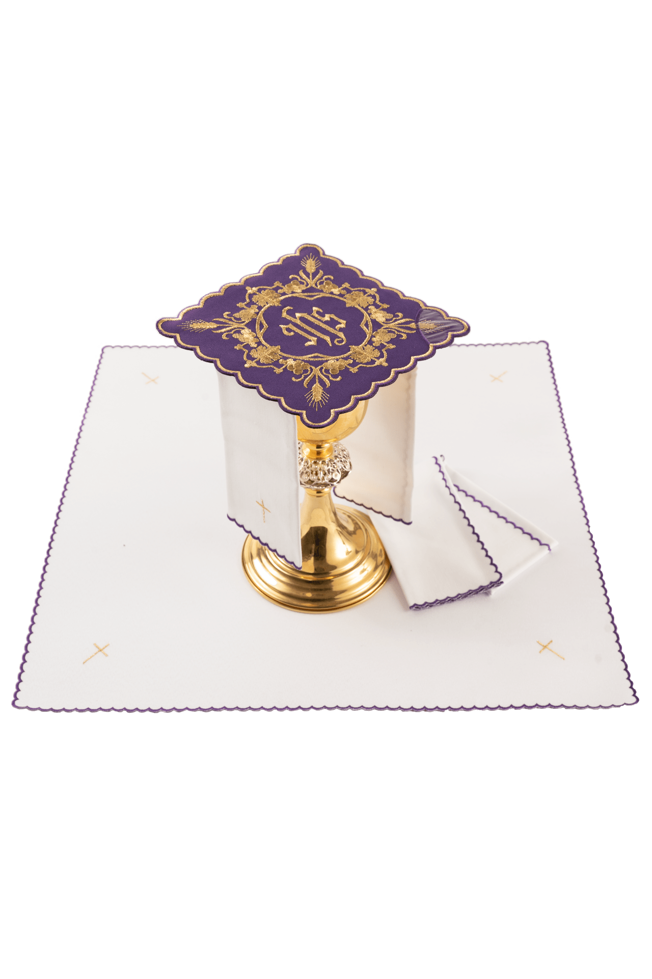 Embroidered chalice linens set with an IHS motif purple KDT/5027/03 FIOLET - CHASUBLES.COM