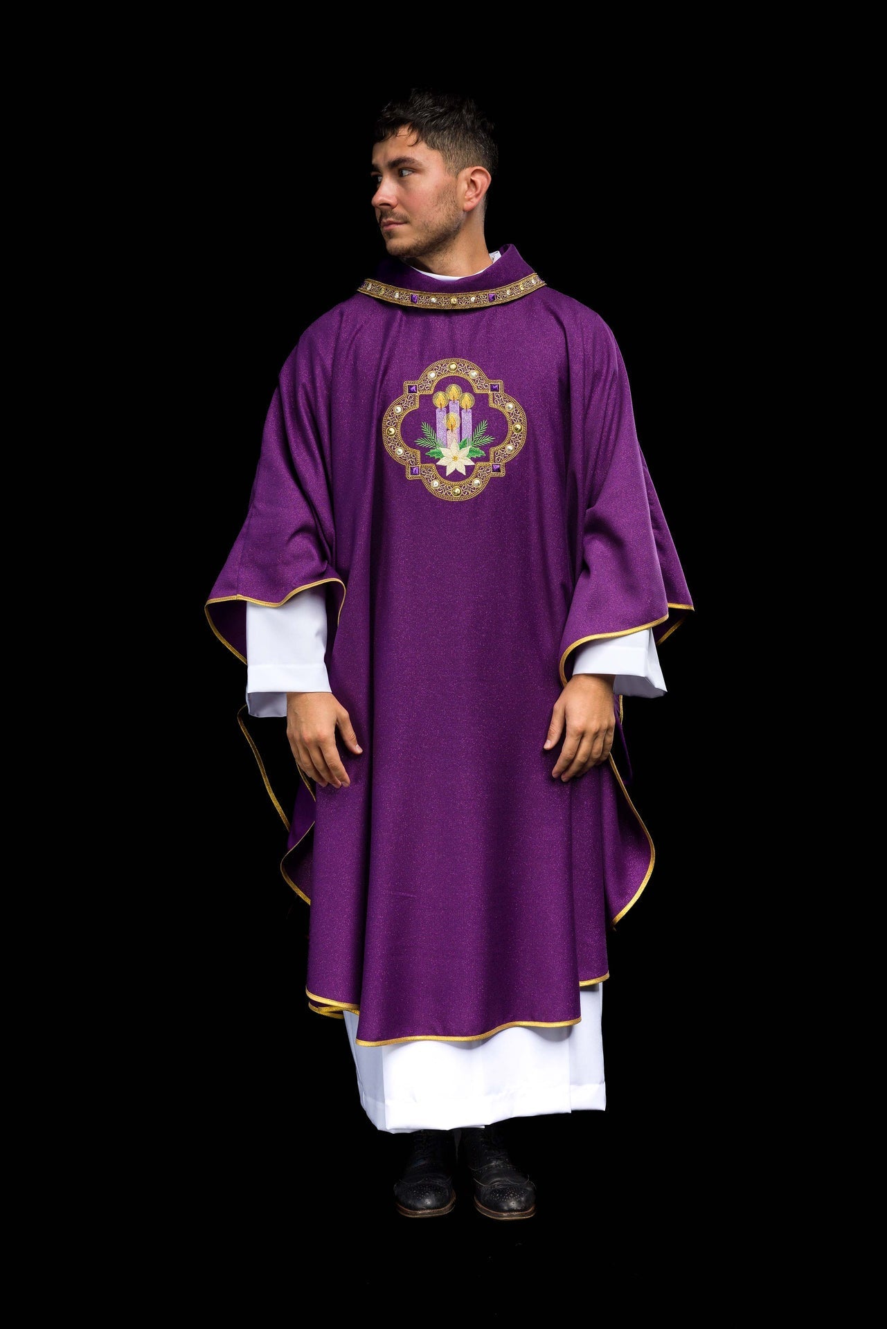 Embroidered Chasuble for Advent Made of Shiny Fabric S-7076-03-103 - CHASUBLES.COM