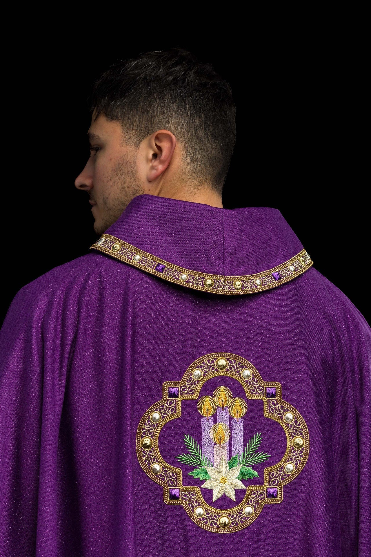 Embroidered Chasuble for Advent Made of Shiny Fabric S-7076-03-103 - CHASUBLES.COM
