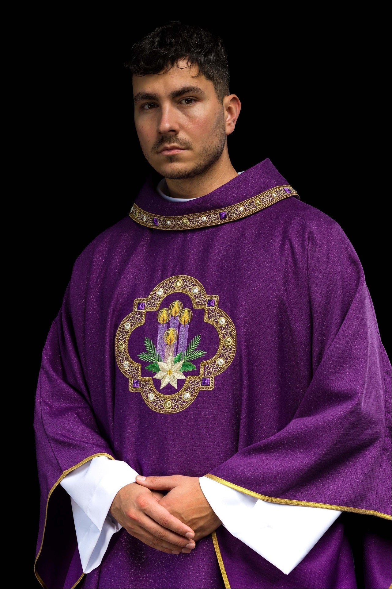 Embroidered Chasuble for Advent Made of Shiny Fabric S-7076-03-103 - CHASUBLES.COM